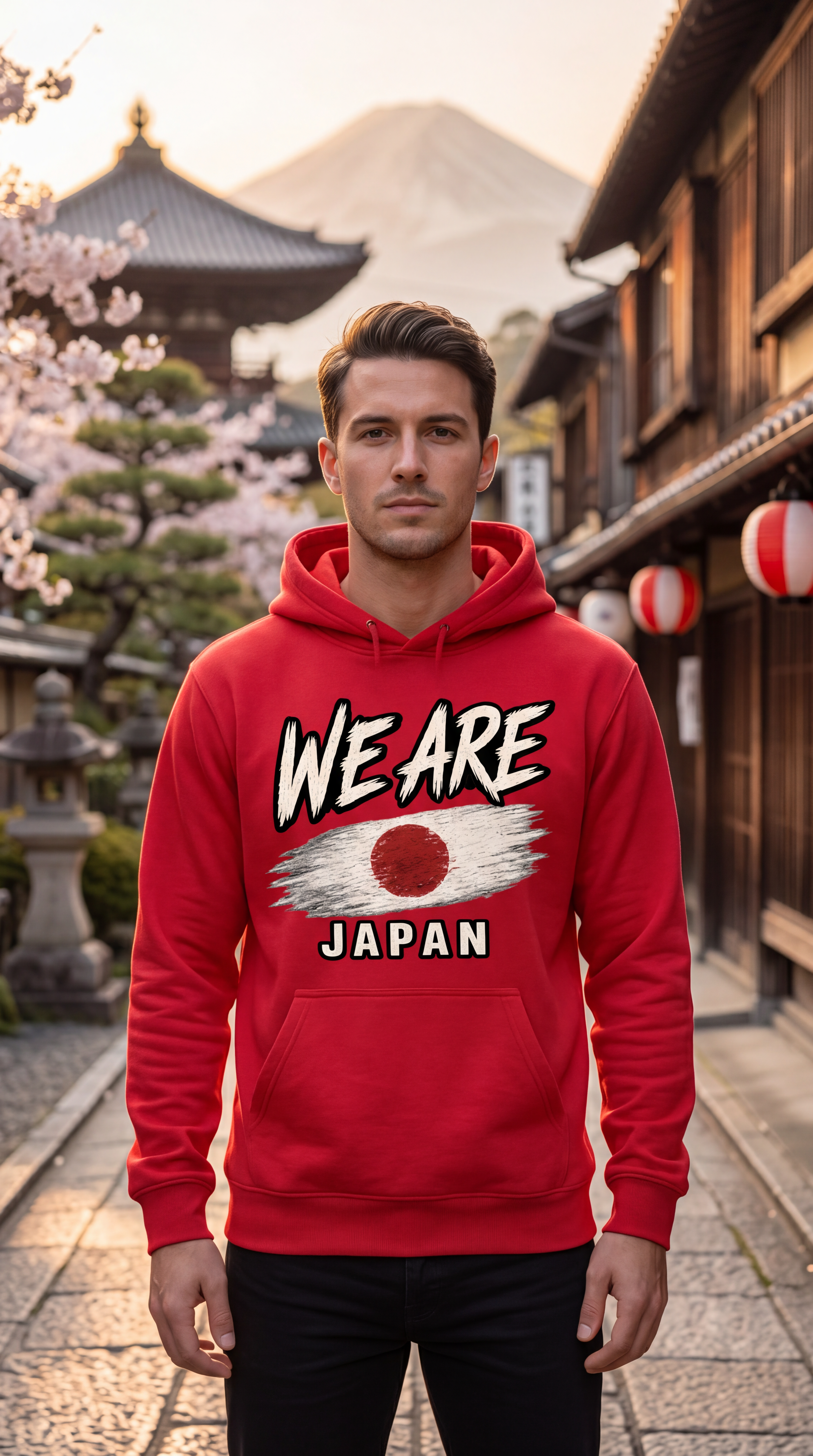 A man wearing a red hoodie with a Japanese flag graphic and the text 'WE ARE JAPAN' stands in a Japanese street with cherry blossoms and a mountain in the background.
