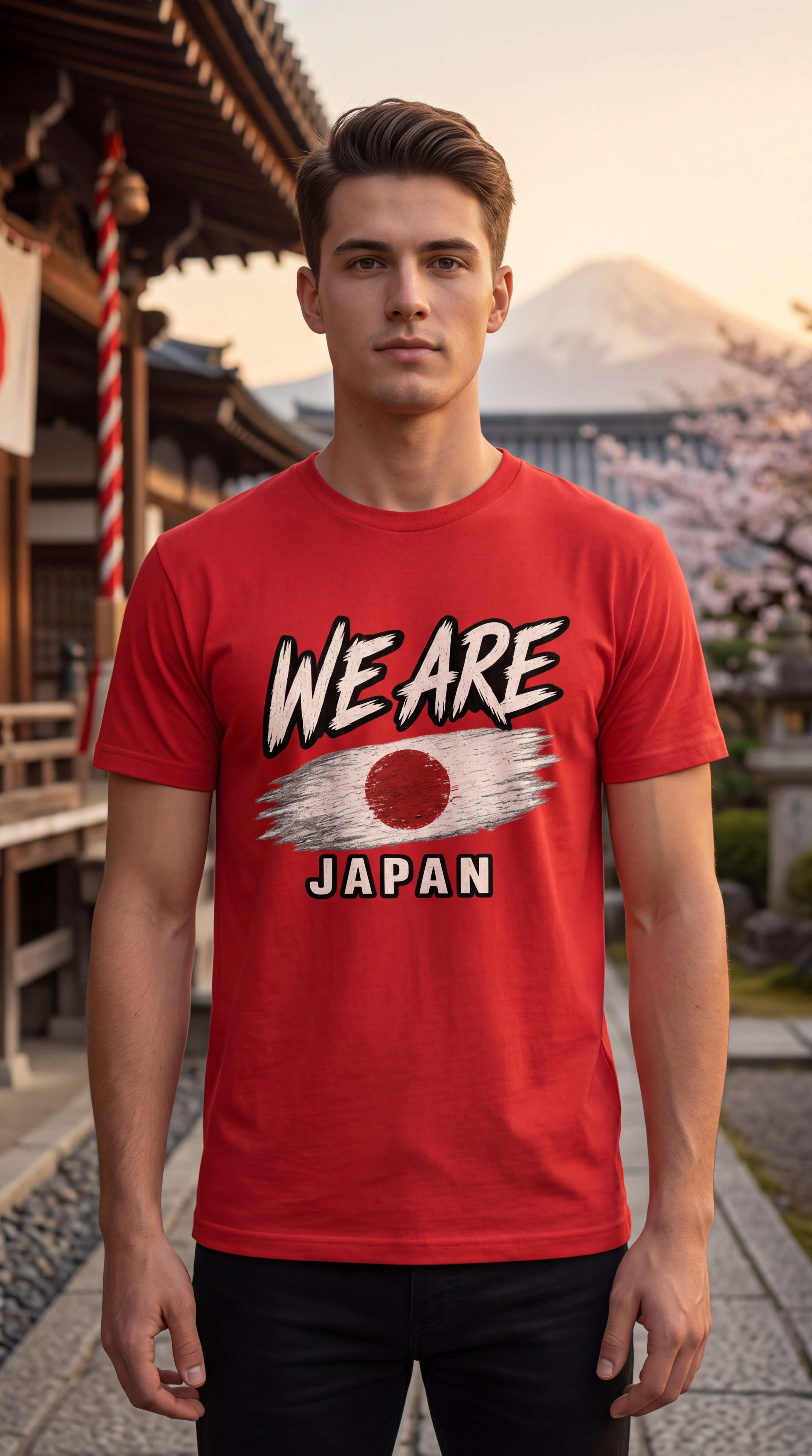 A man wearing a red graphic t-shirt with 'WE ARE JAPAN' and a Japanese flag design, standing in front of a traditional Japanese street scene with Mount Fuji in the background.