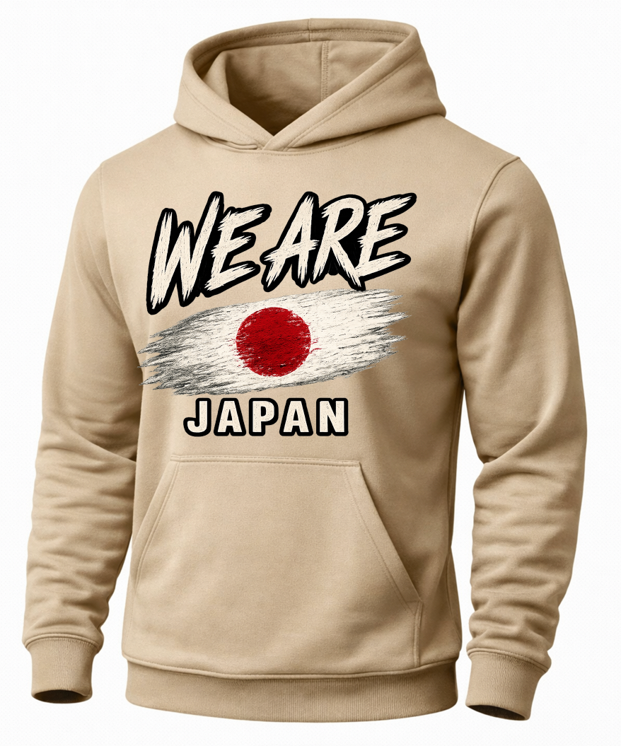 A beige pullover hoodie with a graphic print on the front that reads 'WE ARE JAPAN' above and below a stylized Japanese flag design, shown on a plain white background.