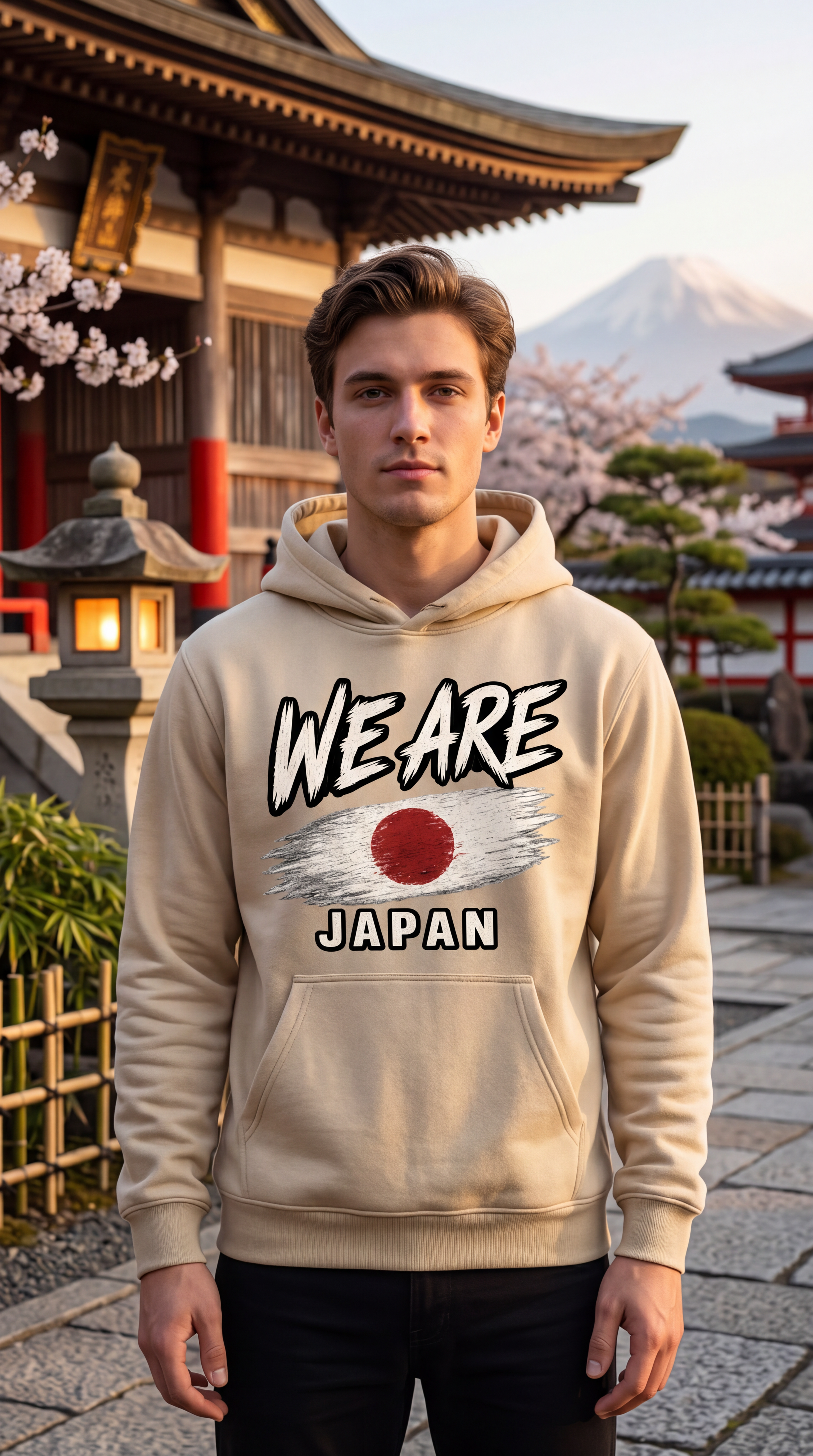A man wearing a beige hoodie with a 'WE ARE JAPAN' graphic featuring a rising sun motif, standing in front of a traditional Japanese temple with cherry blossoms and a mountain in the background.
