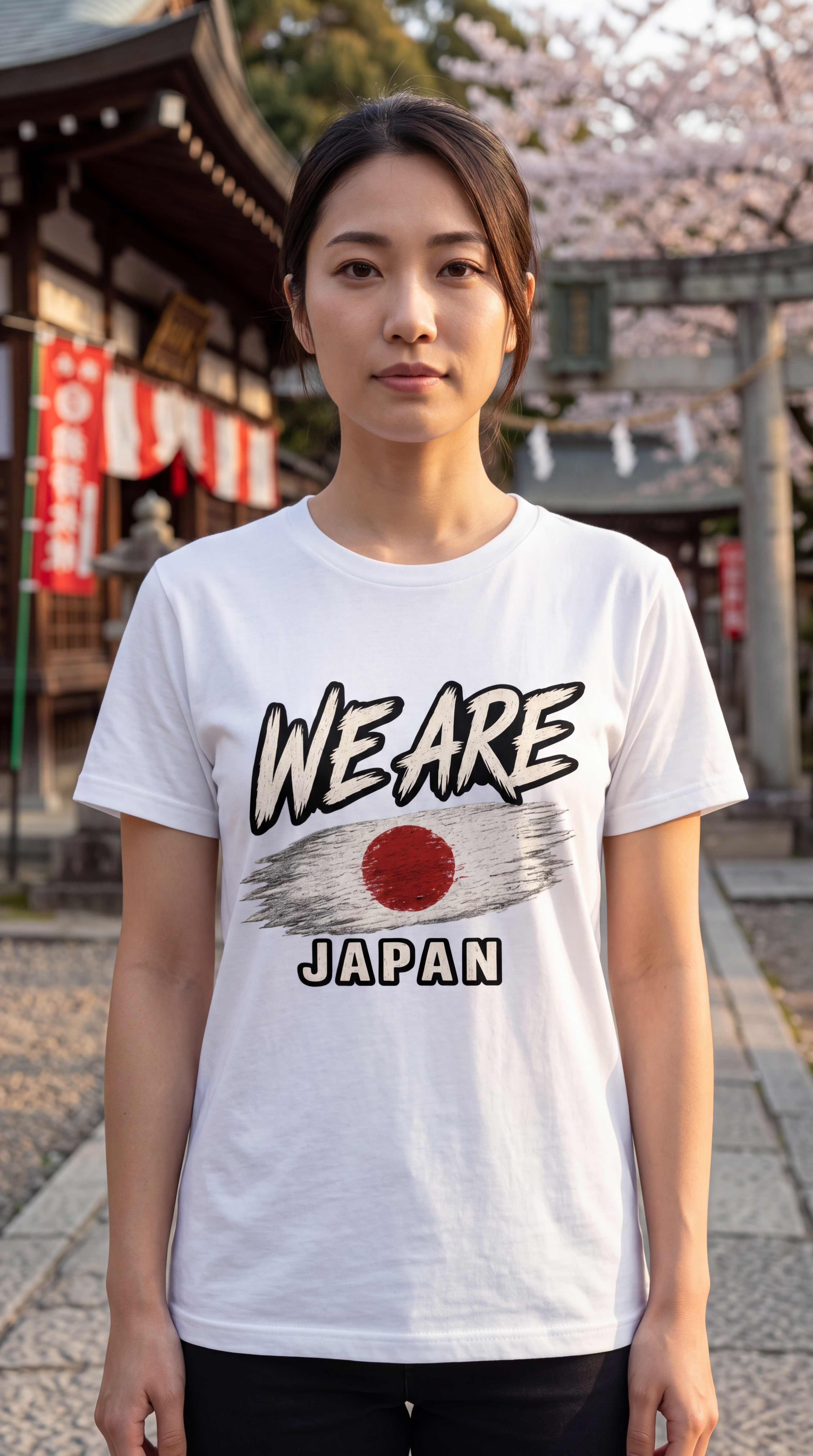 A woman wearing a white graphic t-shirt with 'WE ARE JAPAN' and a Japanese flag design, standing in front of a traditional Japanese temple with cherry blossoms in the background.