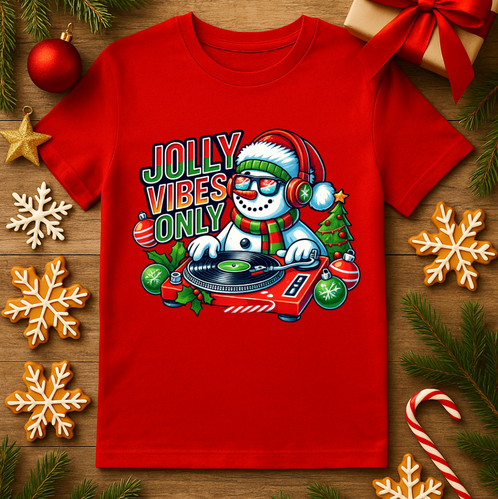 Red Bella+Canvas 3001 Christmas t-shirt featuring a DJ snowman wearing headphones with “Jolly Vibes Only” text, festive holiday ornaments, and a winter music graphic design