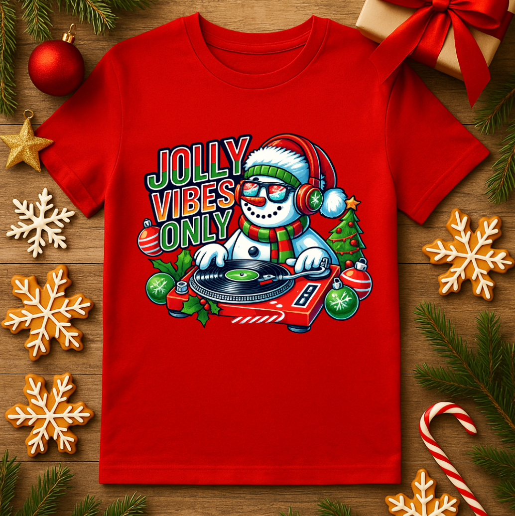 Red Bella+Canvas 3001 Christmas t-shirt featuring a DJ snowman wearing headphones with “Jolly Vibes Only” text, festive holiday ornaments, and a winter music graphic design