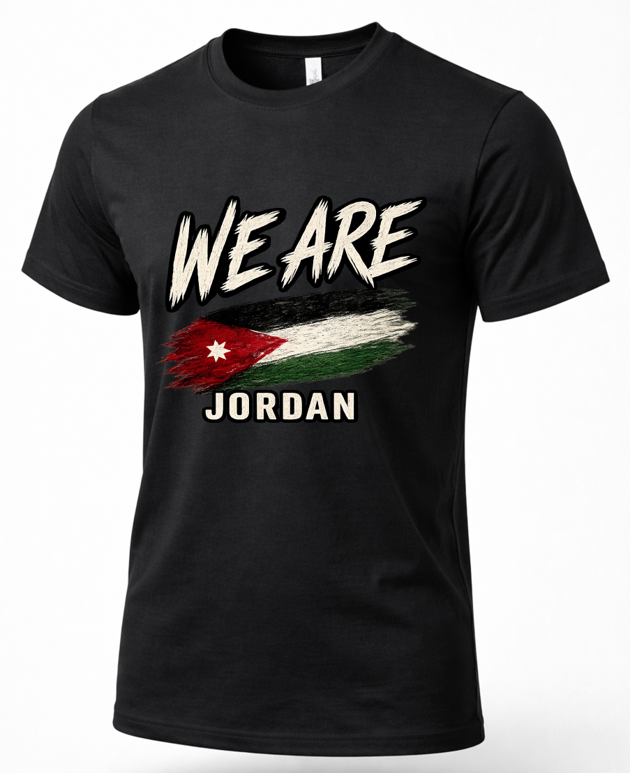 A black short-sleeve t-shirt with a graphic print featuring the text 'WE ARE JORDAN' and a stylized Jordan flag, shown on a white background.