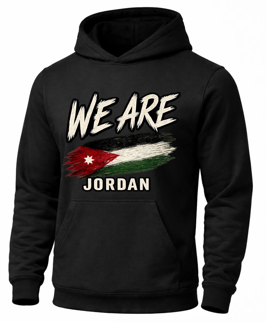 A black pullover hoodie with a graphic on the chest that reads 'WE ARE JORDAN' above a stylized Jordan flag, shown on a plain white background.