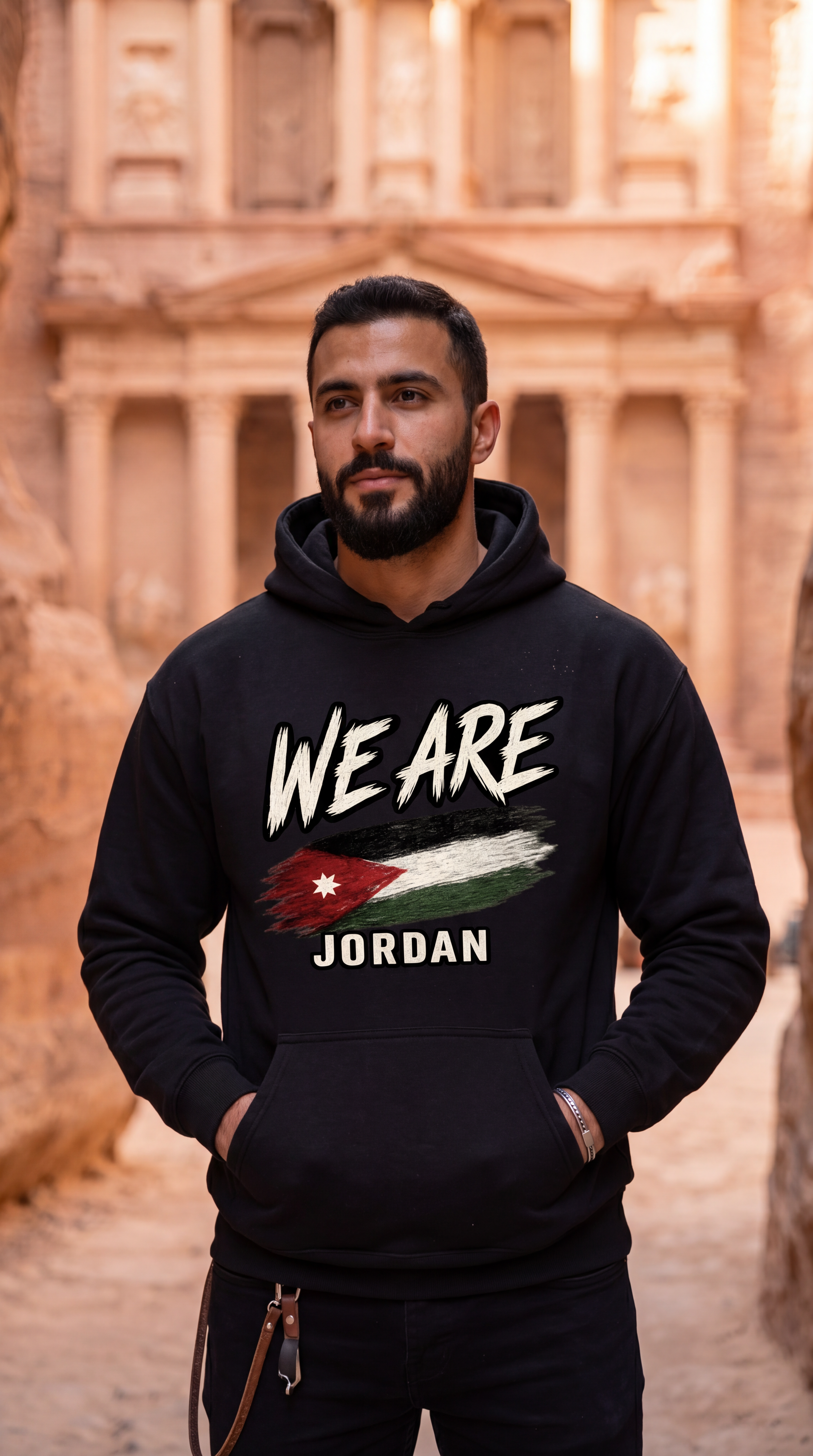 A man wearing a black hoodie with 'WE ARE JORDAN' and a Jordan flag graphic, standing in front of the Petra sandstone monument.