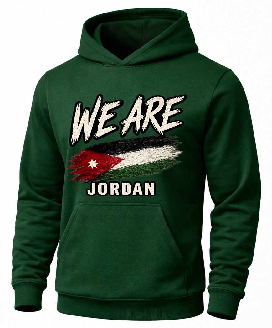 A dark green pullover hoodie with a front graphic that reads 'WE ARE JORDAN' above a stylized Jordan flag, shown on a plain white background.