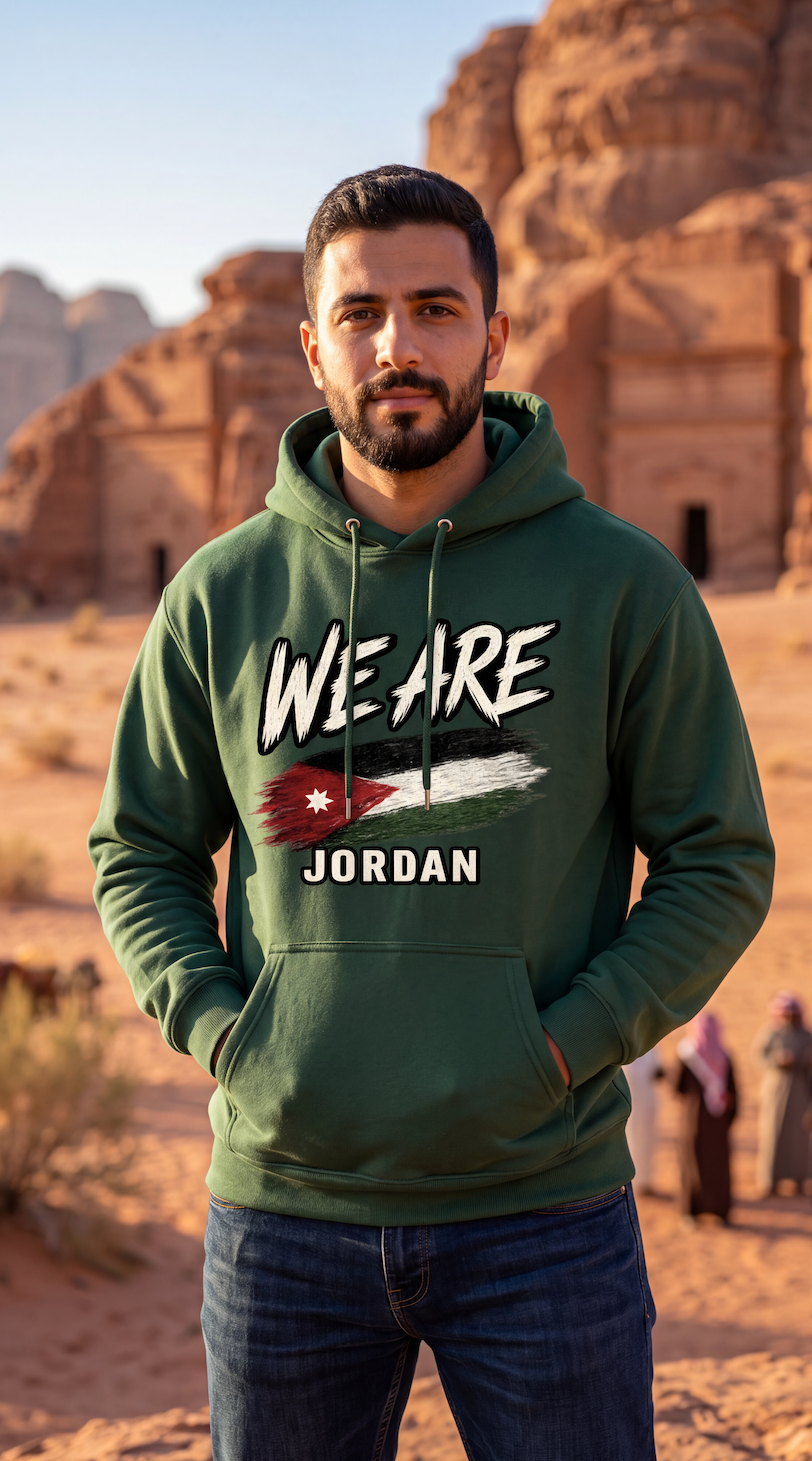 A man wearing a dark green hoodie with a graphic print that reads 'WE ARE JORDAN' and features the Jordan flag, standing in a desert canyon setting.