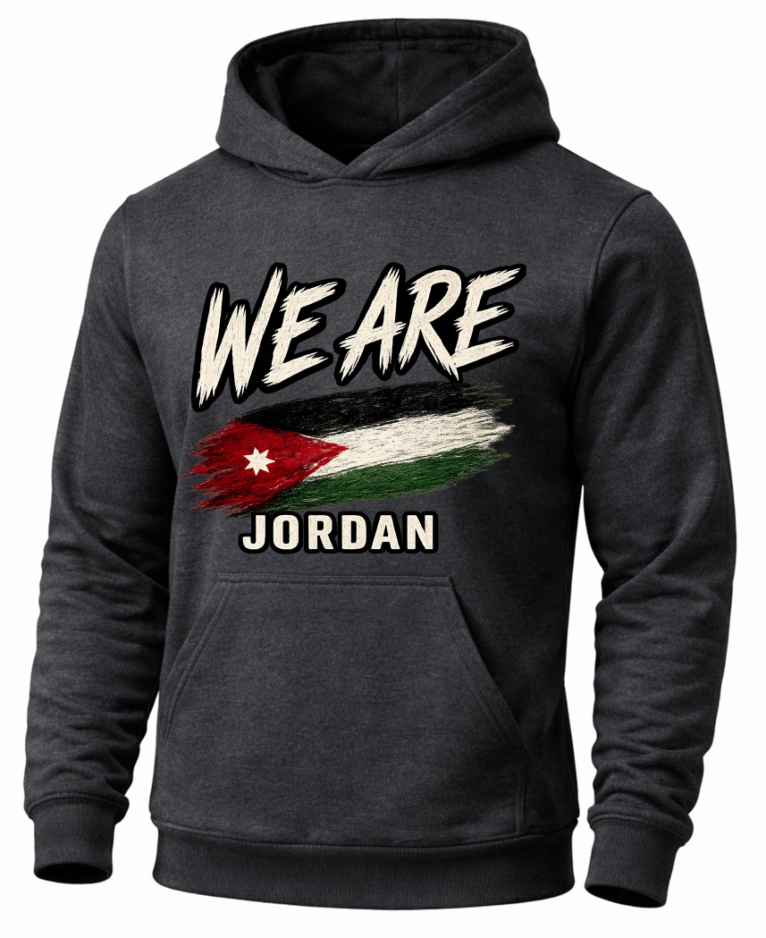 A dark charcoal gray hoodie featuring a distressed graphic print of the Jordan flag and the text 'WE ARE JORDAN' on the front, displayed against a solid white background.