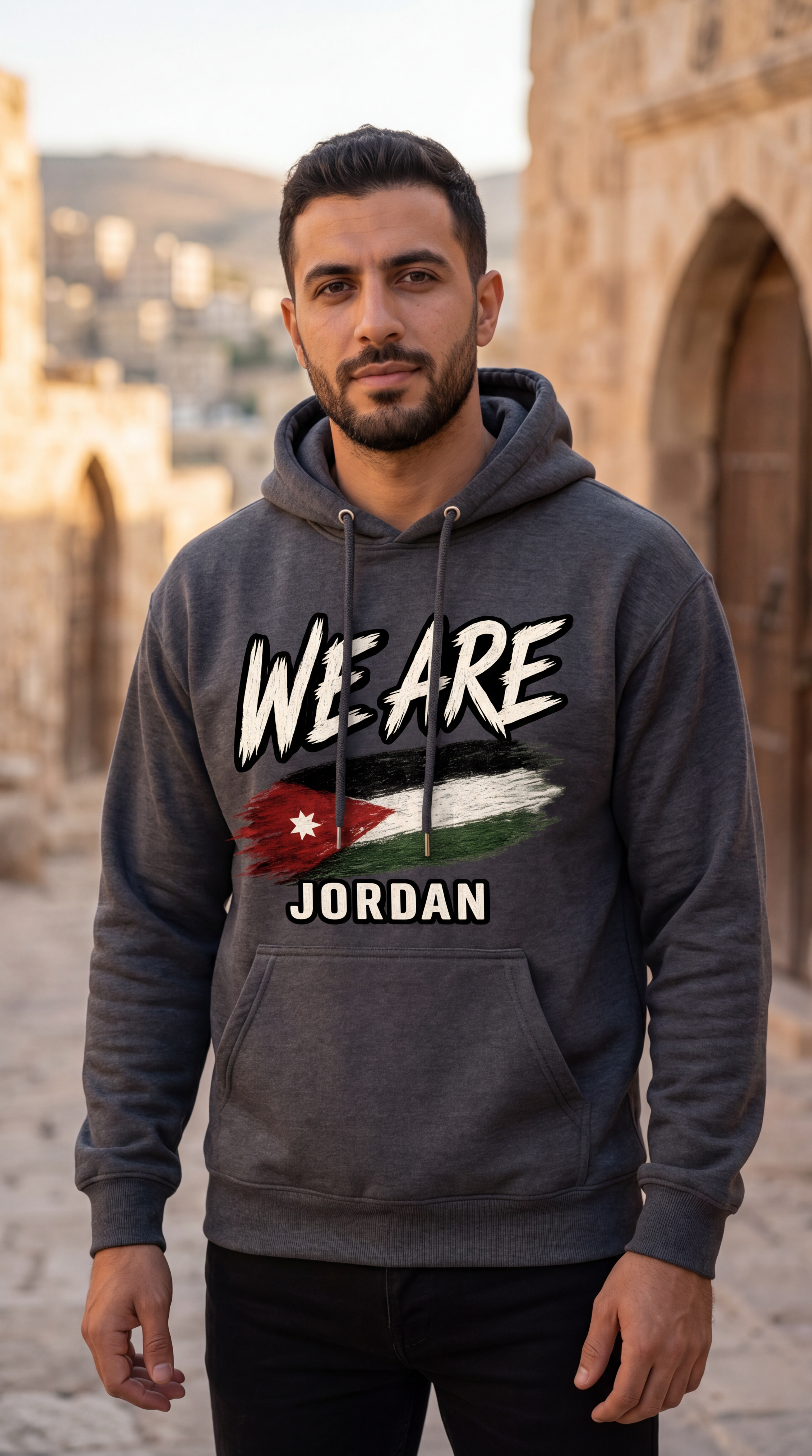 A man wearing a dark gray hoodie with a graphic print that reads 'WE ARE JORDAN' and features the Jordan flag, standing in an outdoor stone-walled environment.