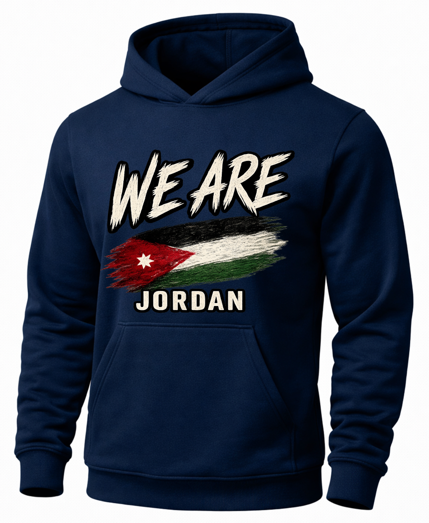 A navy blue pullover hoodie with a graphic on the chest that reads 'WE ARE JORDAN' above a stylized Jordan flag, shown on a plain white background.