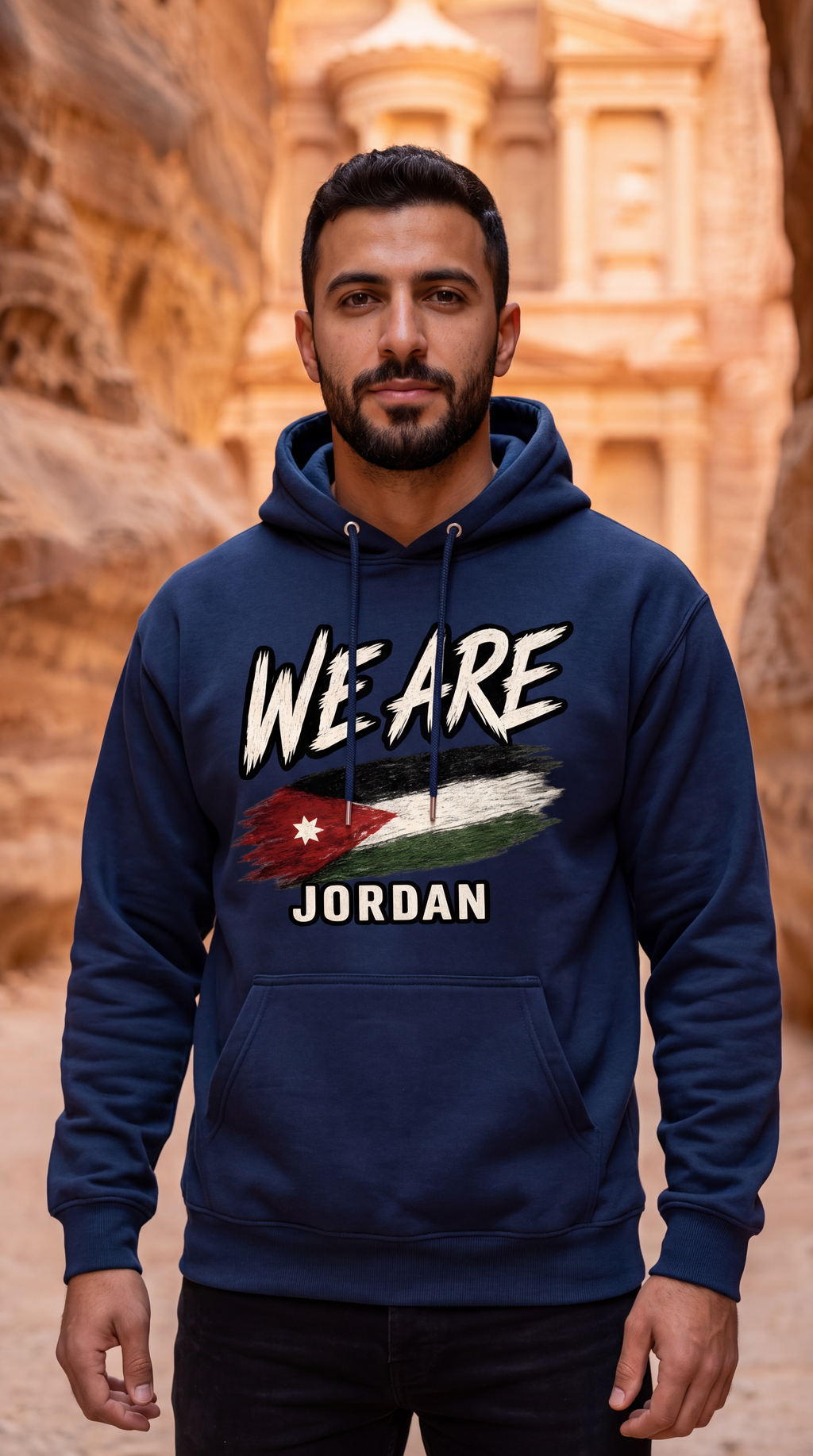 A man wearing a navy blue hoodie with a graphic print that reads 'WE ARE JORDAN' and features the Jordan flag, standing in front of a blurred sandstone canyon background.