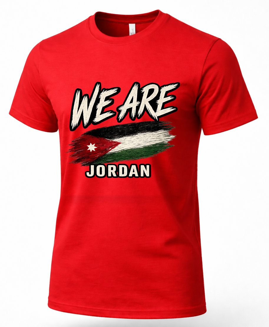A red short-sleeve crewneck t-shirt featuring a graphic print of the Palestinian flag with the text 'WE ARE' above and 'JORDAN' below, displayed on a clean white background.