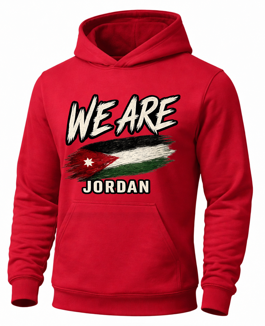 A red pullover hoodie with a graphic on the chest that reads 'WE ARE JORDAN' above and below a stylized Jordan flag, shown on a plain white background.
