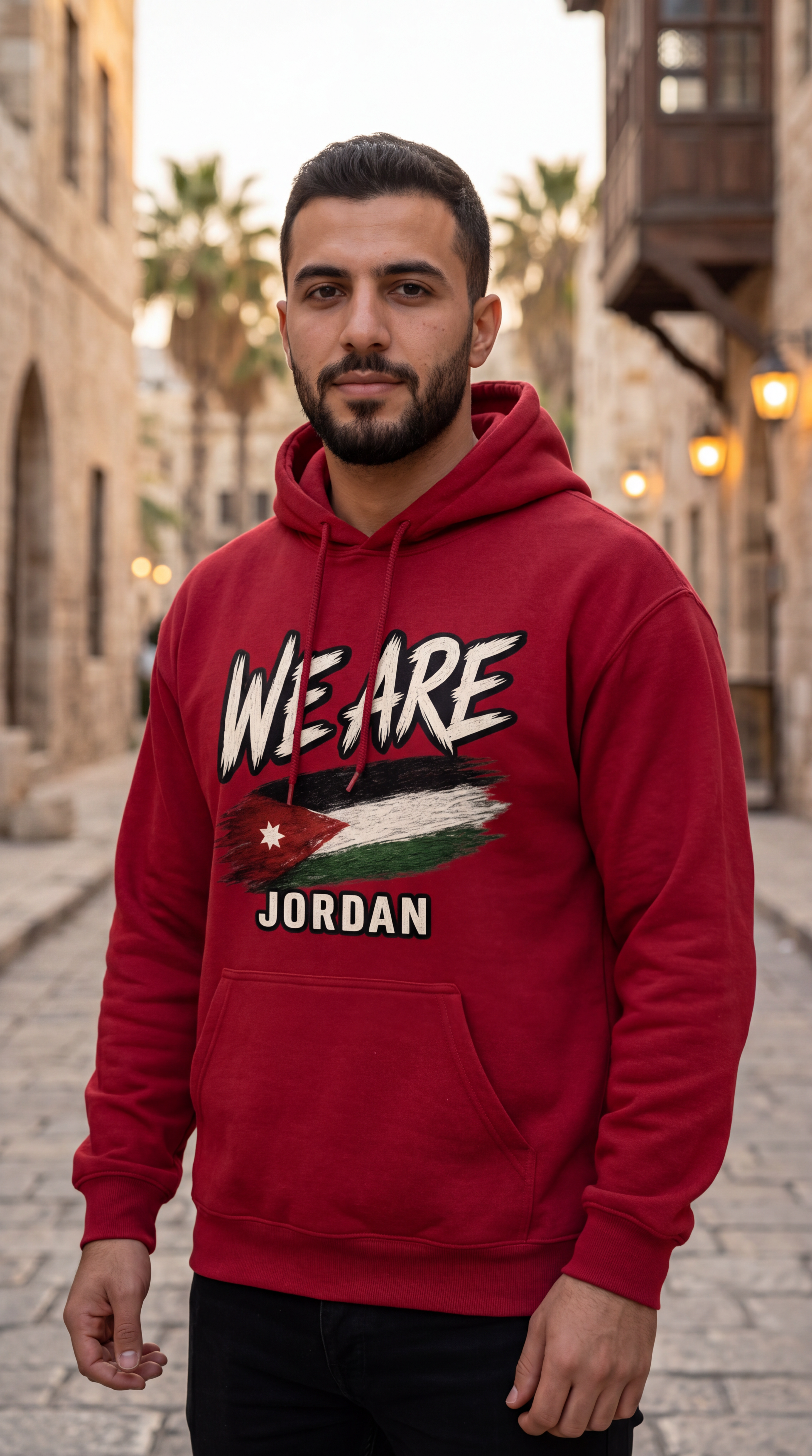 A man wearing a red pullover hoodie with a graphic print that reads 'WE ARE' above a Jordan flag and 'JORDAN' underneath, standing in a cobblestone street.