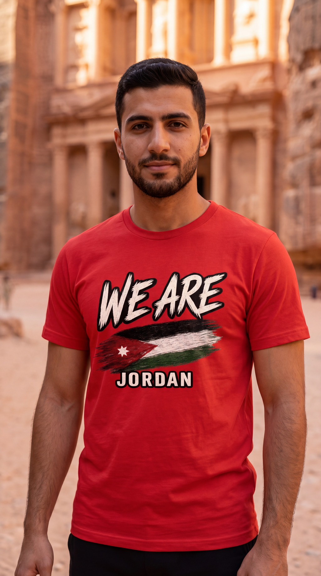 A man wearing a red graphic t-shirt with 'WE ARE JORDAN' and a stylized Jordan flag design, standing in front of the Petra ancient ruins.