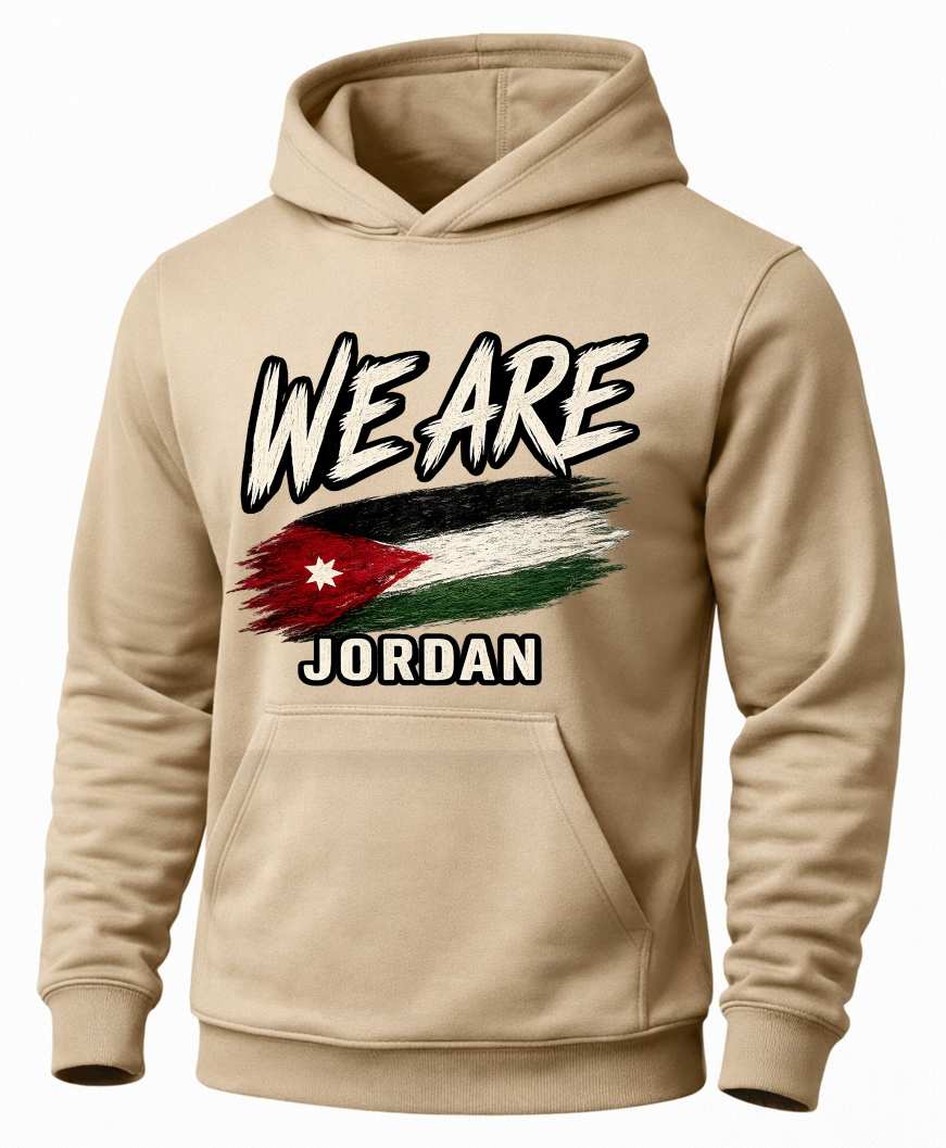A sand pullover hoodie with a graphic on the chest that reads 'WE ARE JORDAN' above a stylized Jordan flag, shown on a plain white background.