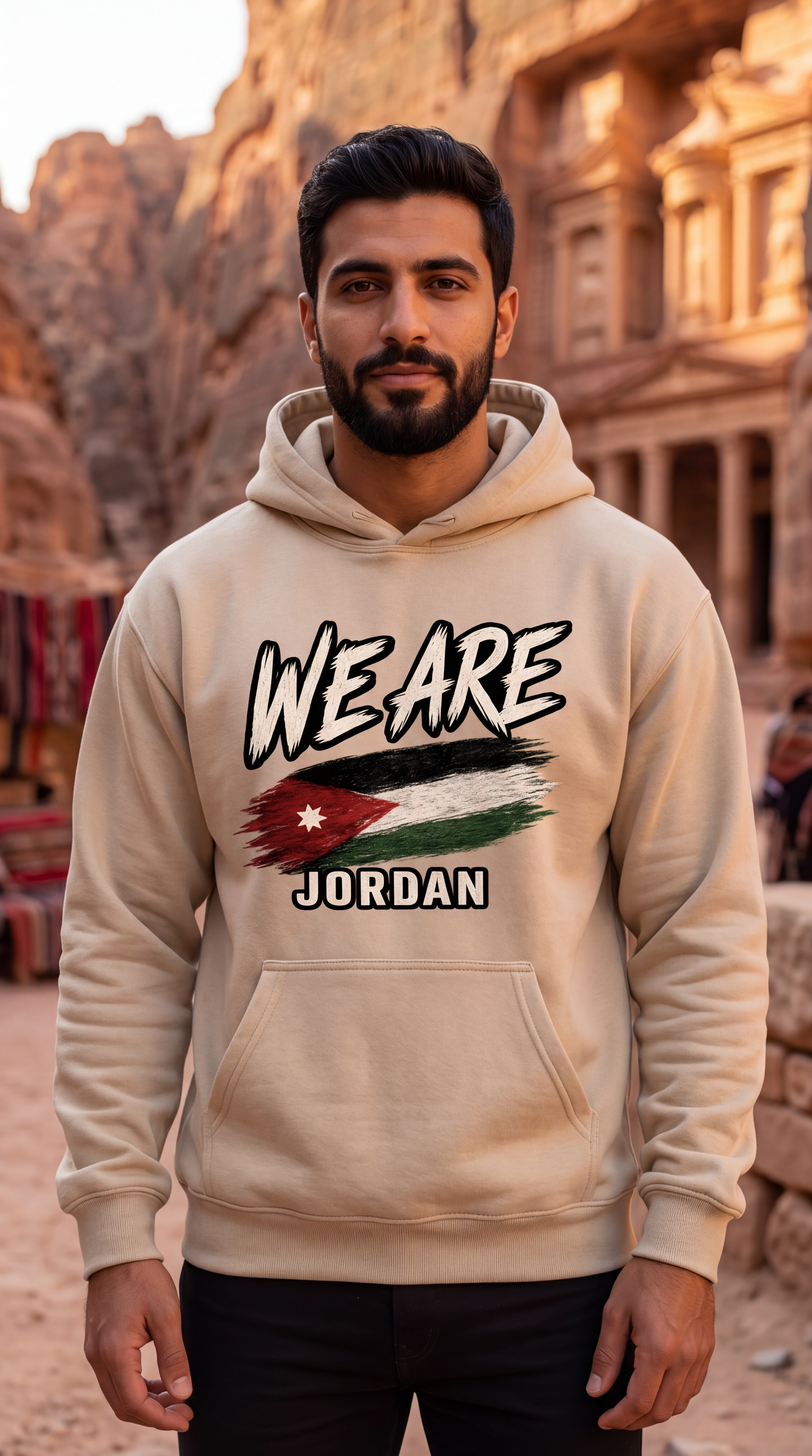 A man wearing a beige hoodie with a graphic print that reads 'WE ARE JORDAN' and features the Jordan flag, standing in front of a desert canyon and rock formation.