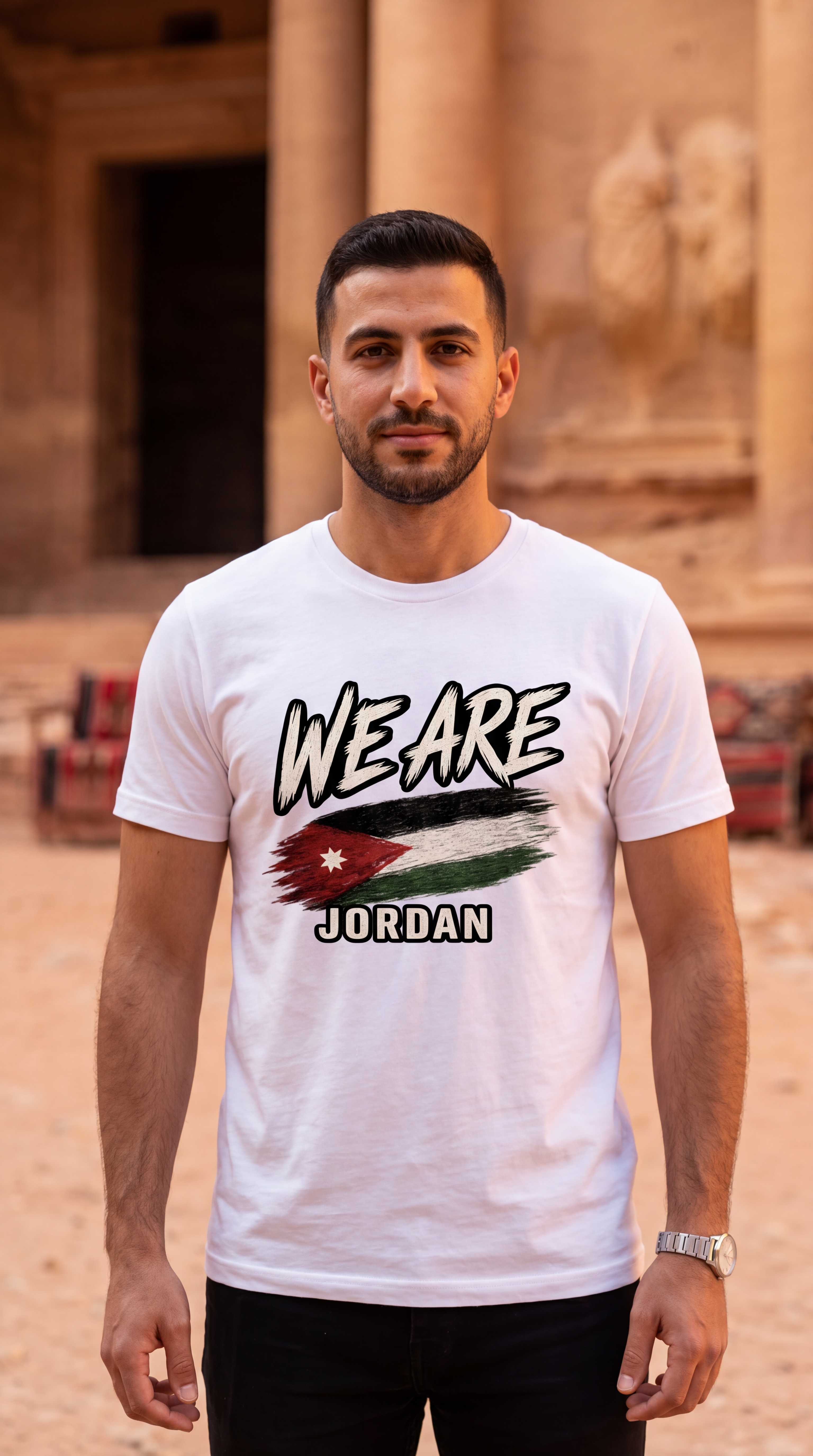 A man wearing a white graphic t-shirt with 'WE ARE JORDAN' and the Jordan flag printed on the front, standing in a sandy, historic outdoor setting.