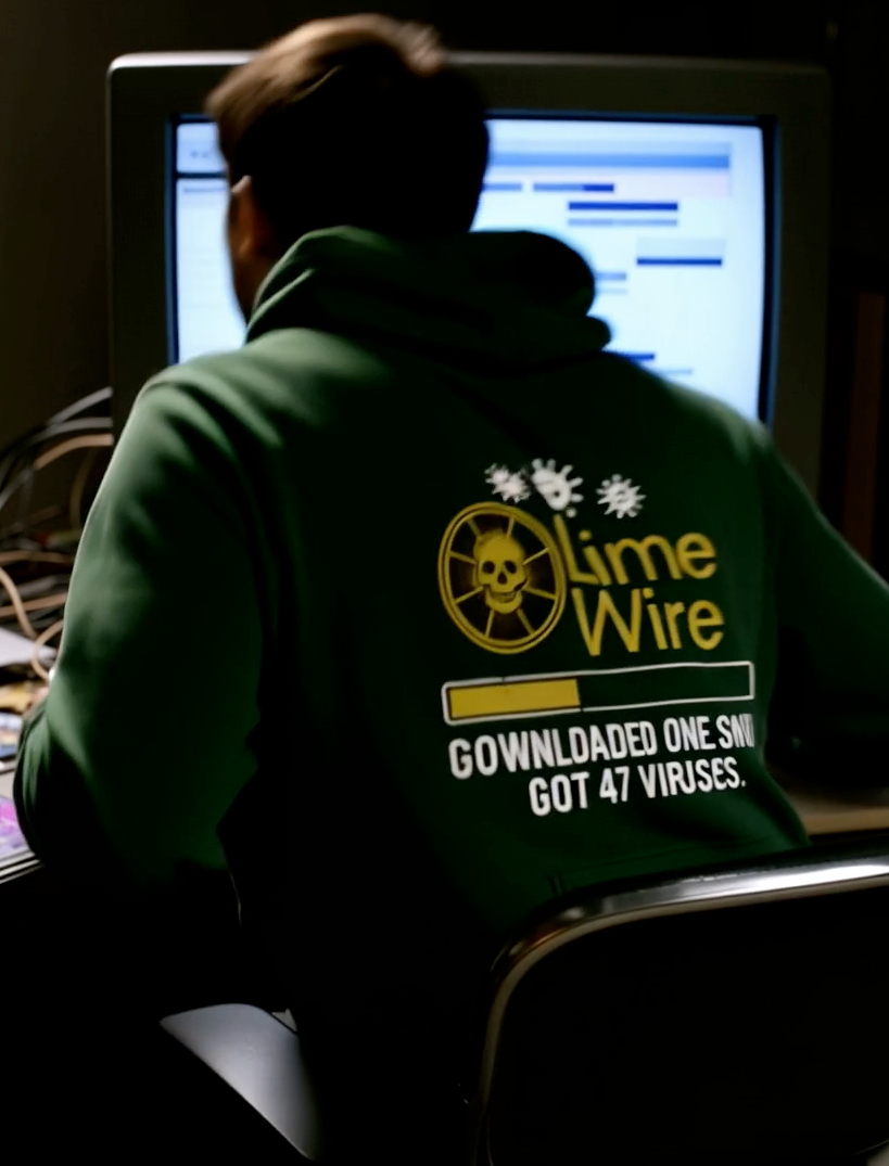 Person wearing green retro LimeWire hoodie with ‘downloaded one song got 47 viruses’ graphic at computer
