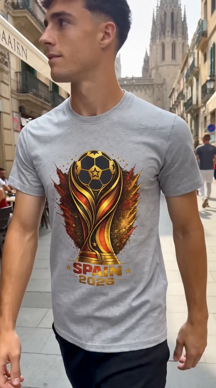 Male model walking through city street wearing gray Spain 2026 football streetwear graphic tee
