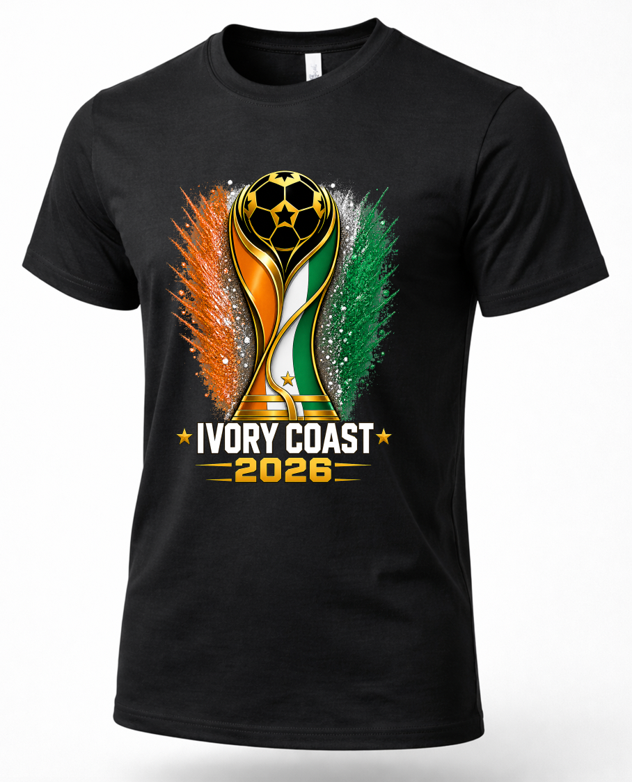 Black t-shirt with Ivory Coast 2026 design featuring a soccer trophy and national colors.
