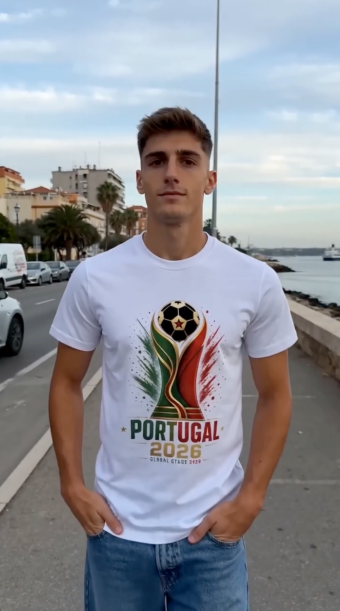 Male model wearing white Portugal 2026 soccer streetwear T-shirt near coastal city waterfront