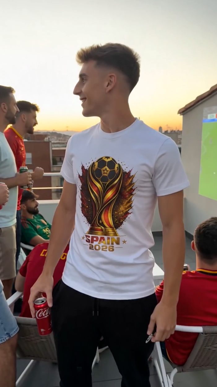Male model wearing white Spain 2026 soccer fan T-shirt during rooftop football watch party at sunset