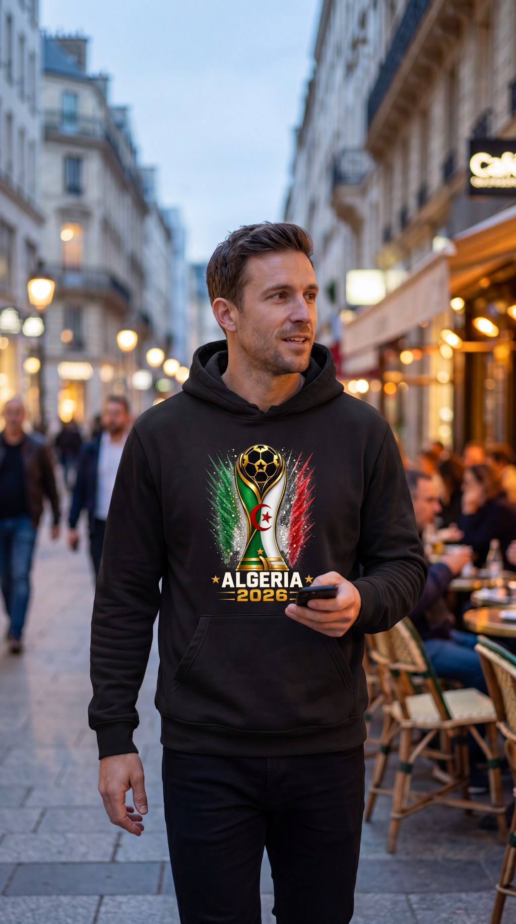 Man wearing a black hoodie with Algeria 2026 design walking on a city street.