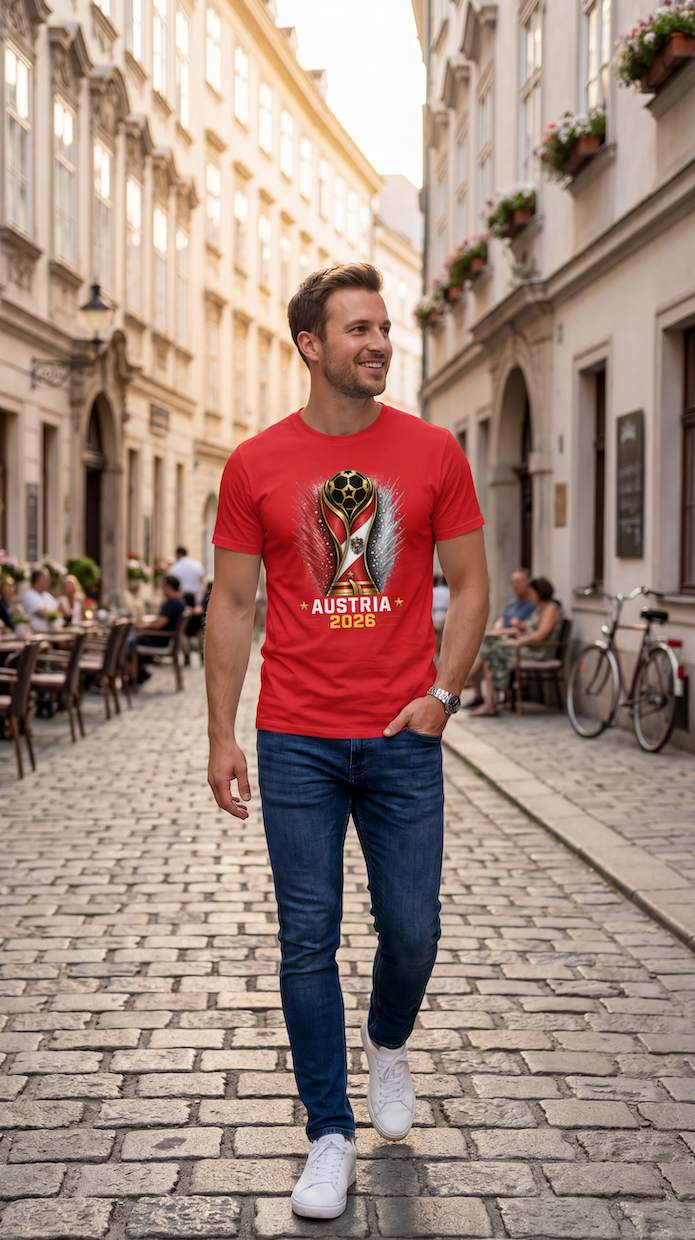 Man wearing a red t-shirt with a graphic design walking down a street.