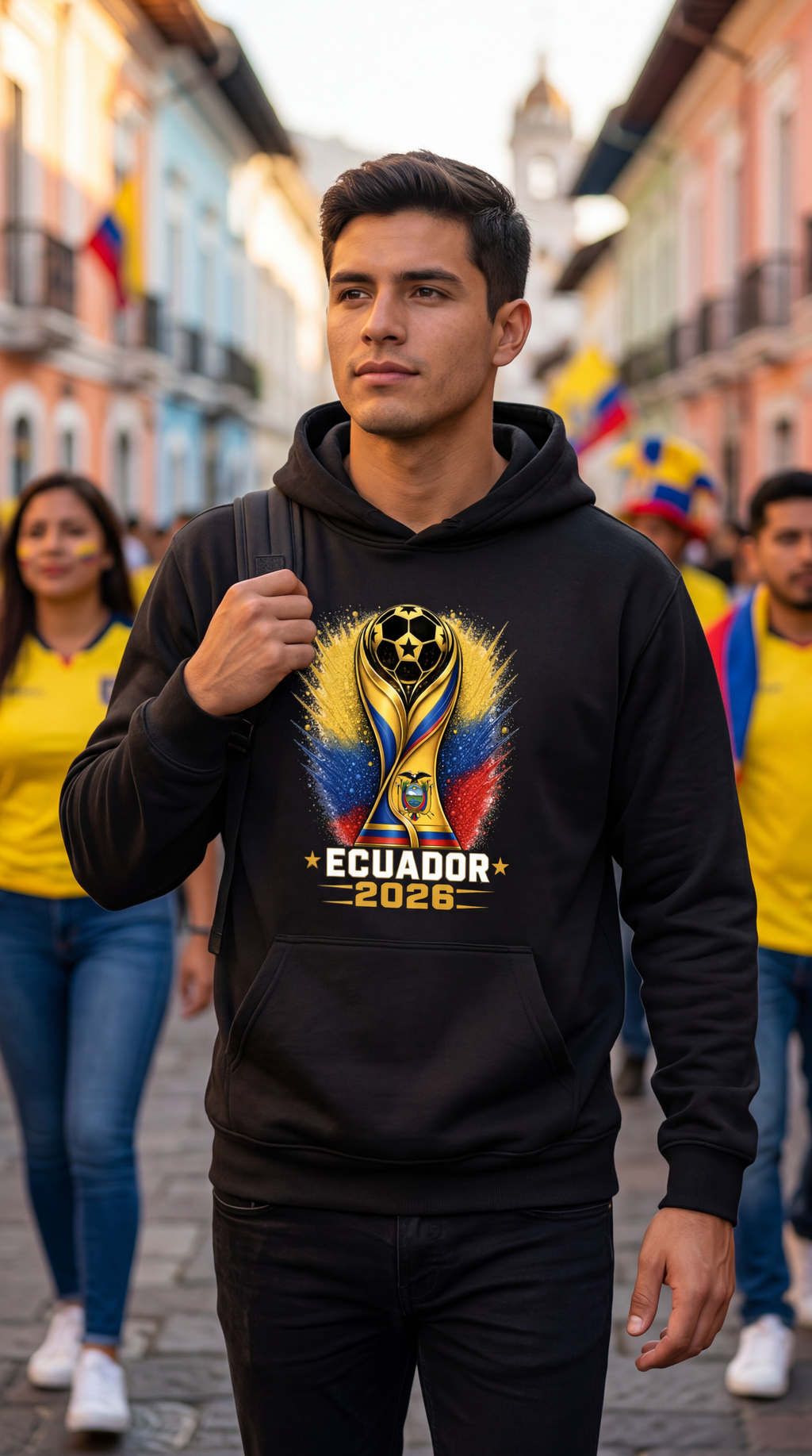 Man wearing a black hoodie with Ecuador 2026 design in a colorful street setting