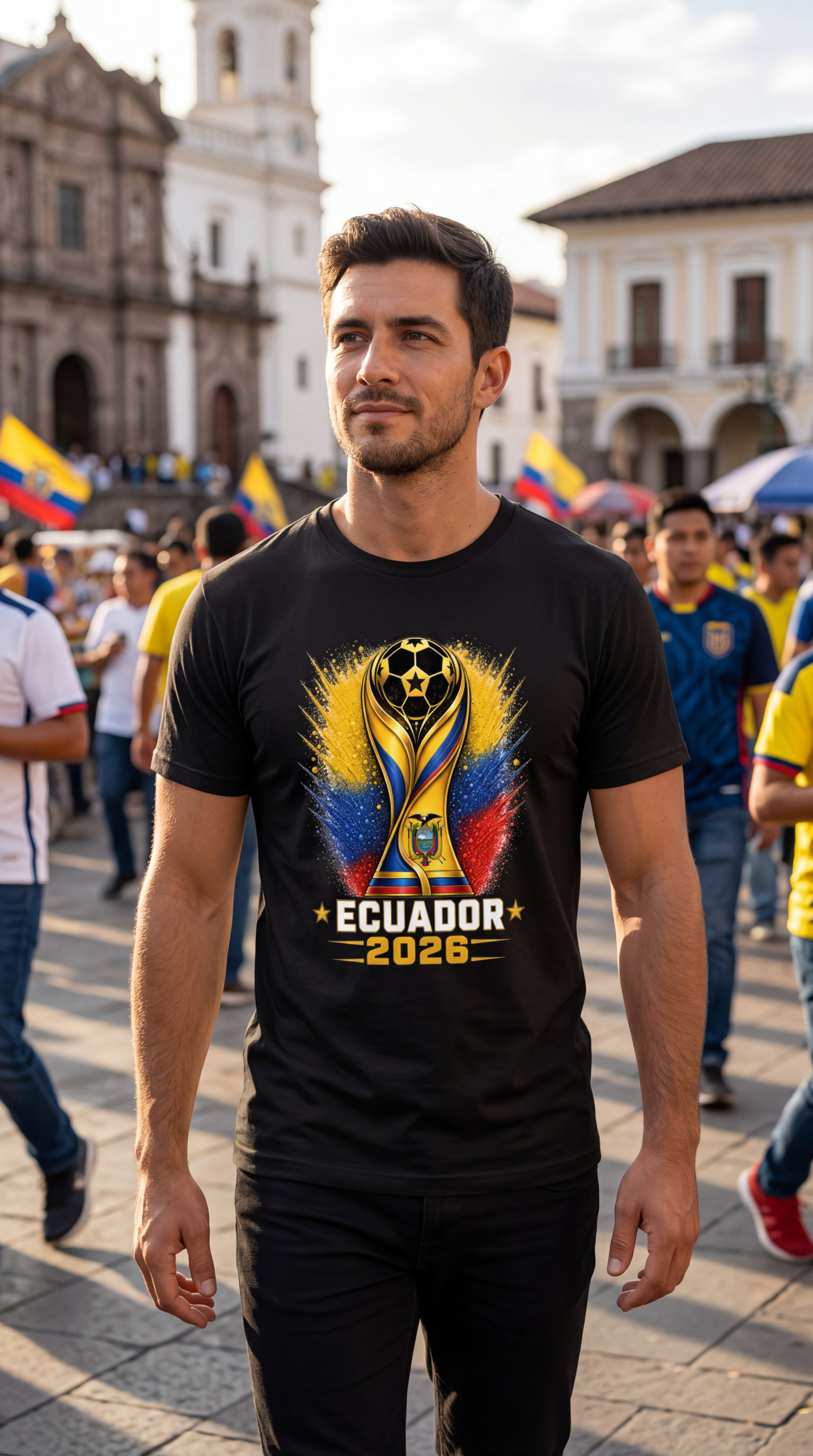 Man wearing a black hoodie with 'Scotland 2026' design on a street with flags in the background