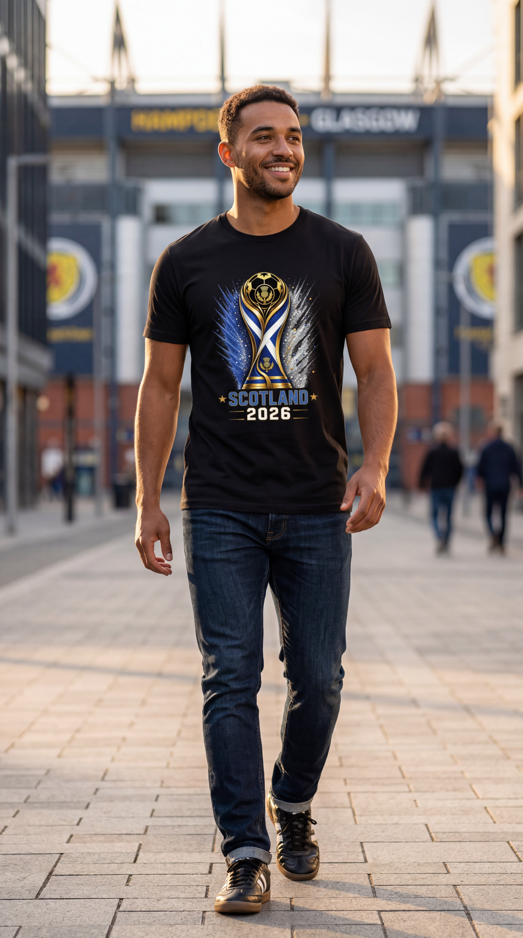 Man wearing a black t-shirt with a graphic design walking on a street.