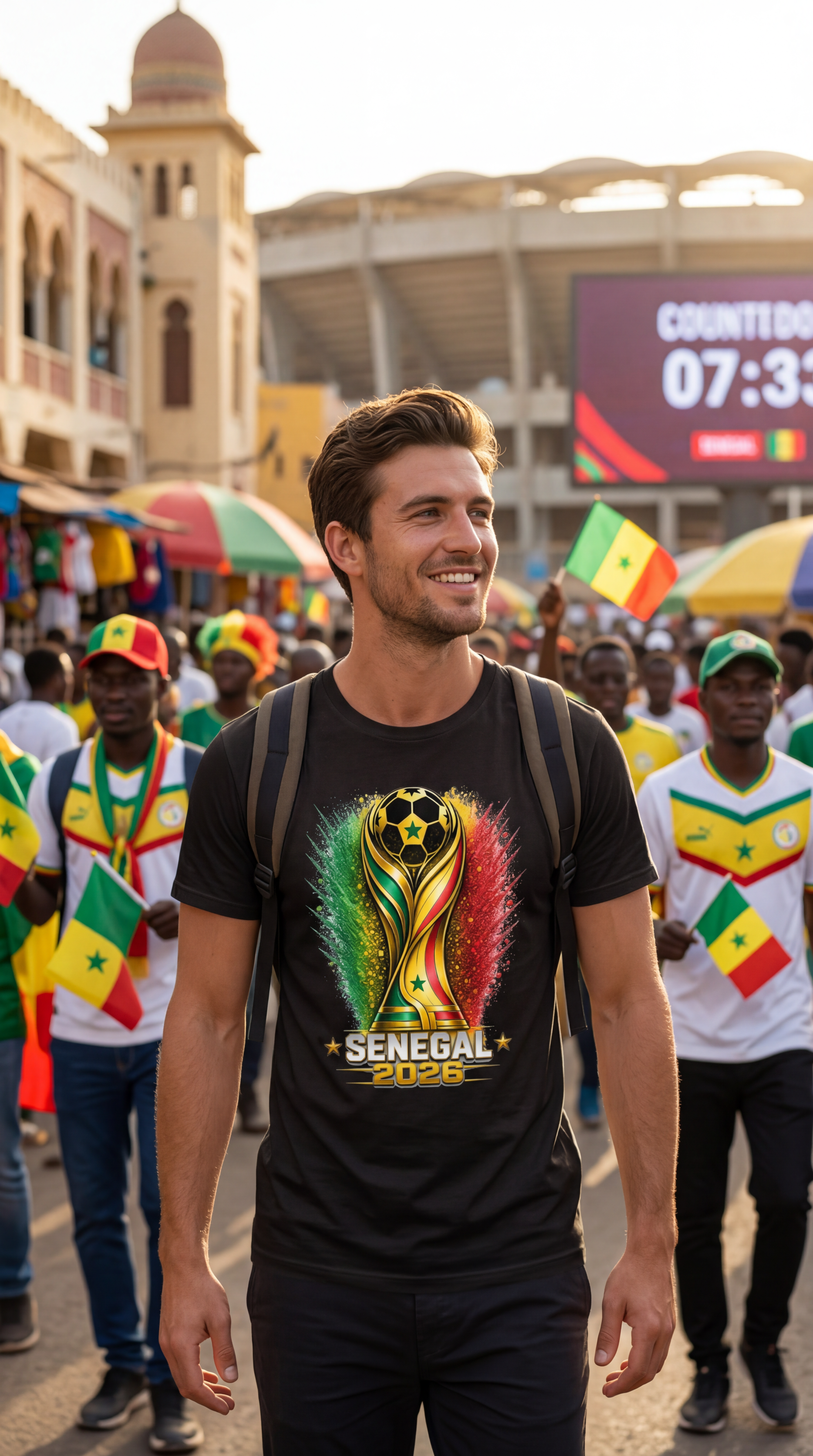 Man wearing a black t-shirt with Ecuador 2026 design in a public square.