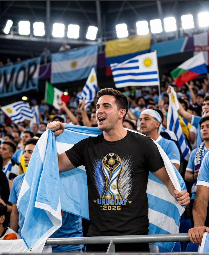 Man wearing Uruguay soccer fan shirt at football stadium during international tournament