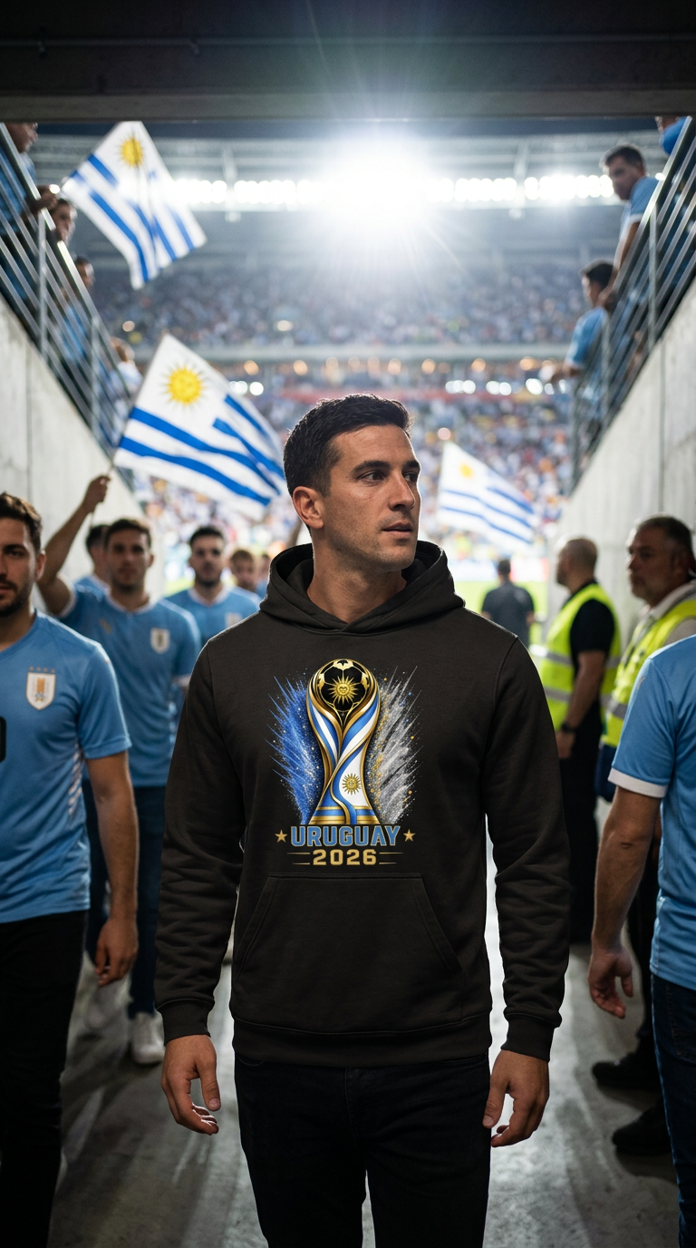 Man wearing Uruguay soccer hoodie walking through football stadium before match