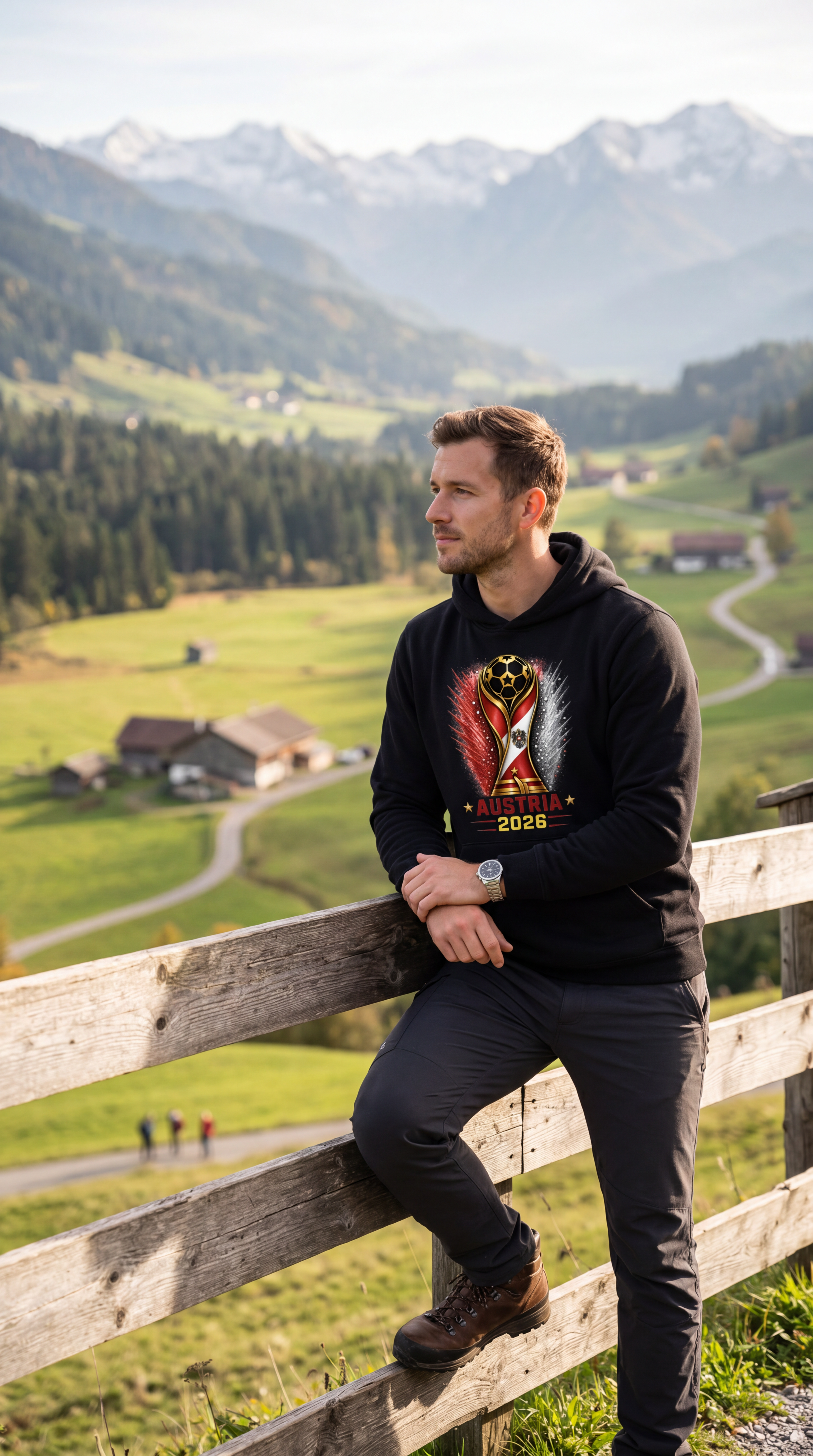 Man sitting on a wooden fence with a scenic mountain landscape in the background