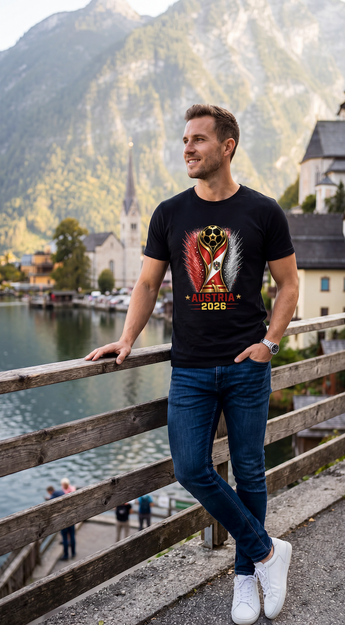 Man wearing a black t-shirt with a colorful design standing by a scenic mountain lake.