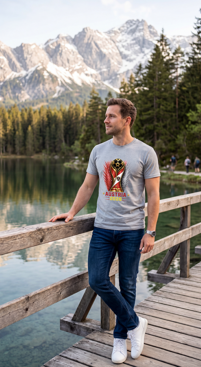 Man standing on a wooden bridge by a lake with mountains in the background
