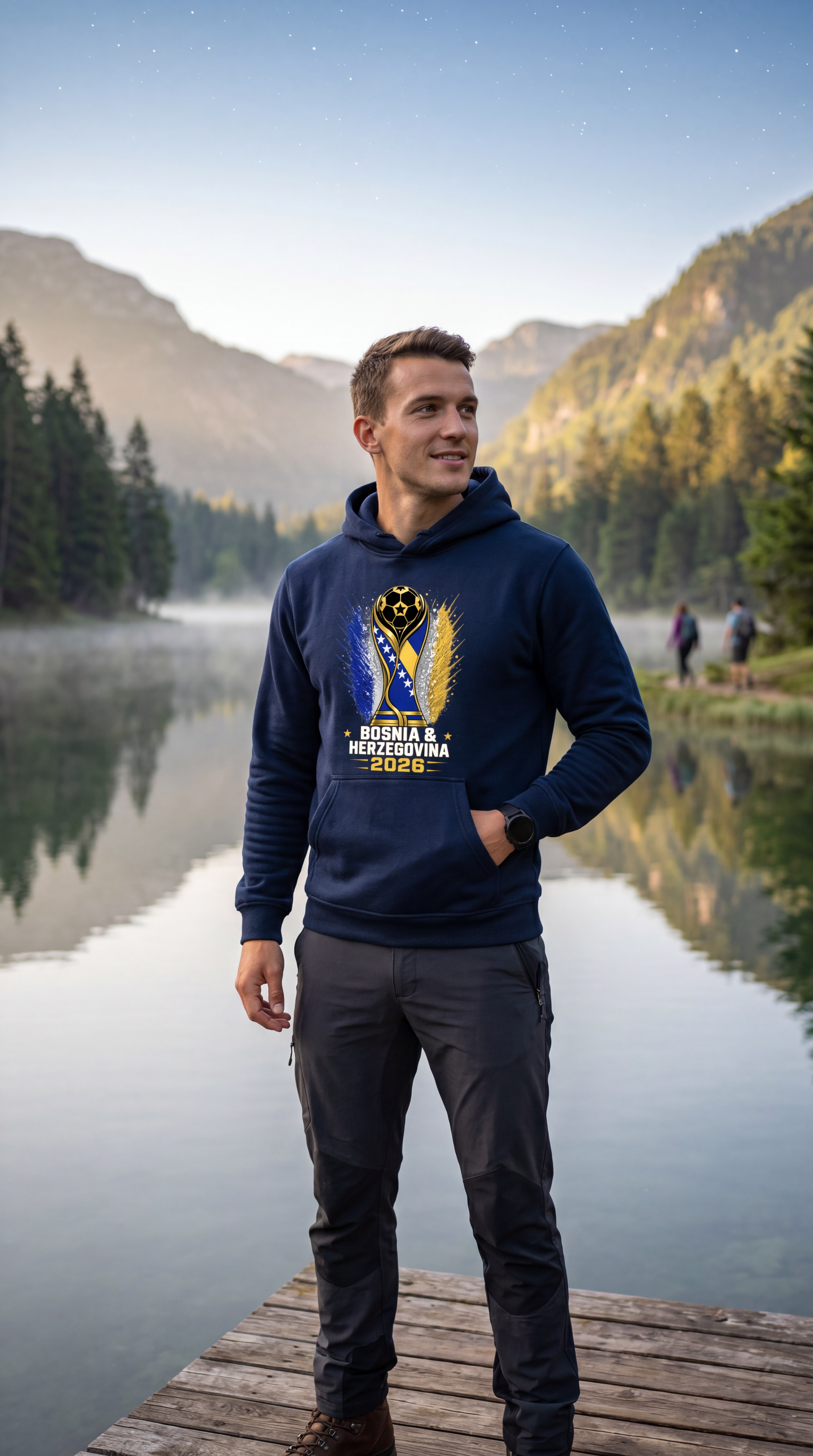 Man wearing a hoodie with a graphic design standing on a dock by a lake with mountains in the background