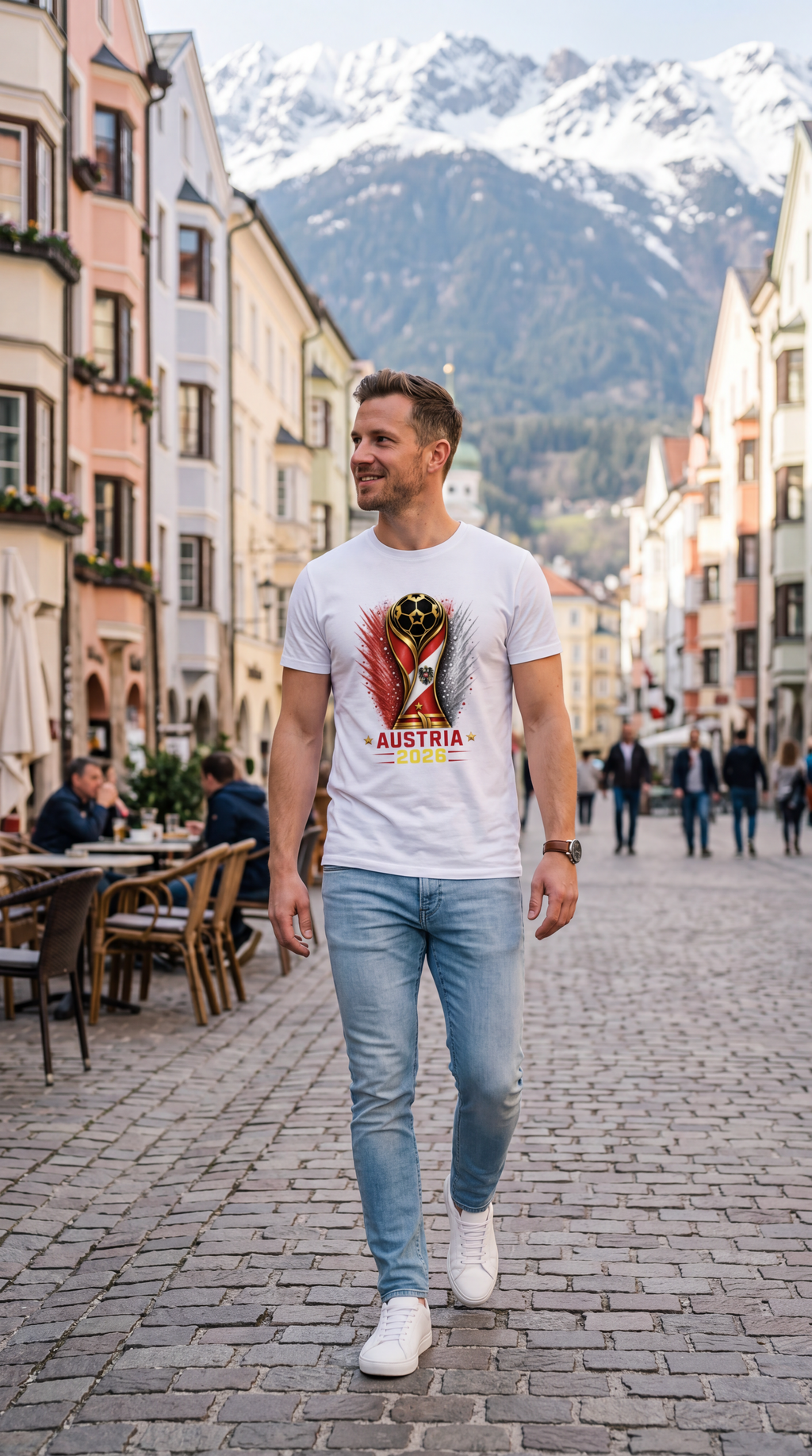 Man walking on a cobblestone street with mountains in the background