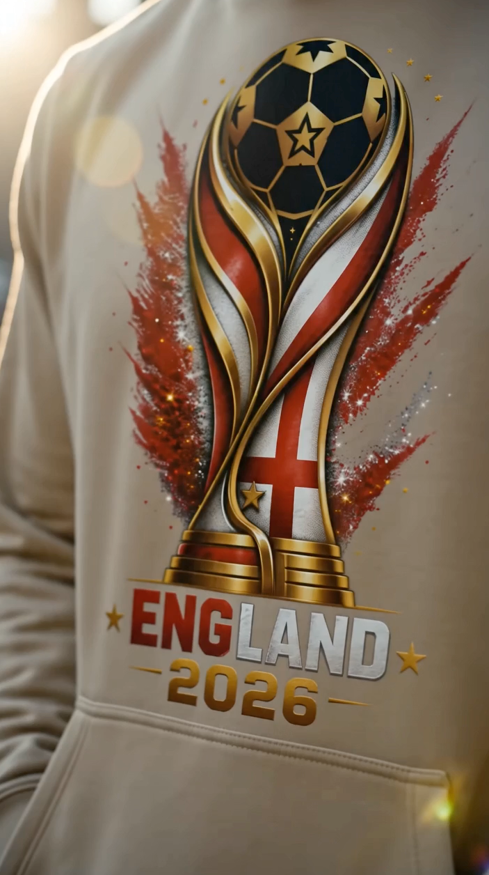 Man wearing beige England 2026 soccer hoodie with football-inspired trophy artwork