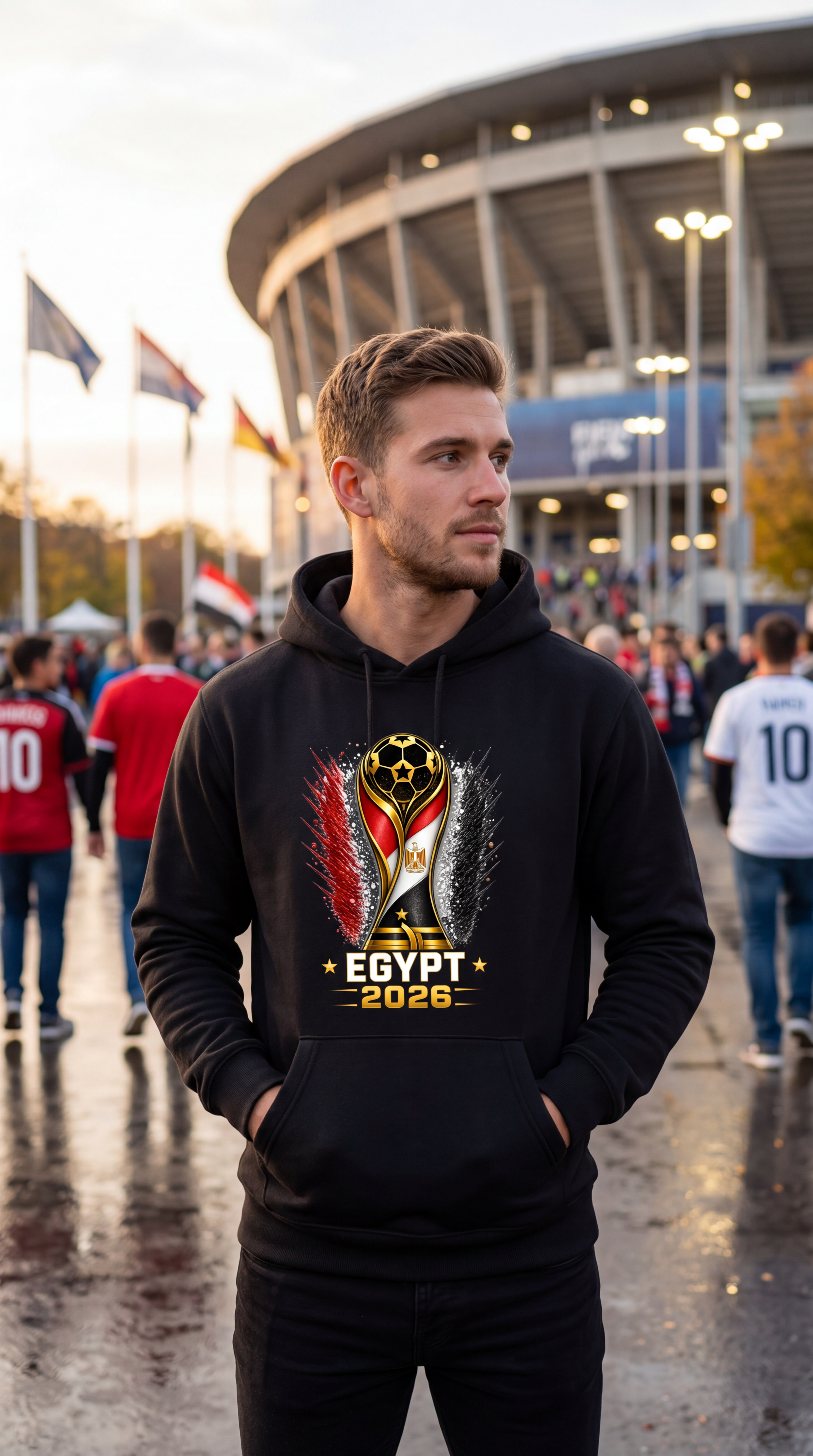 Man wearing a black hoodie with Egypt 2026 design in front of a stadium.