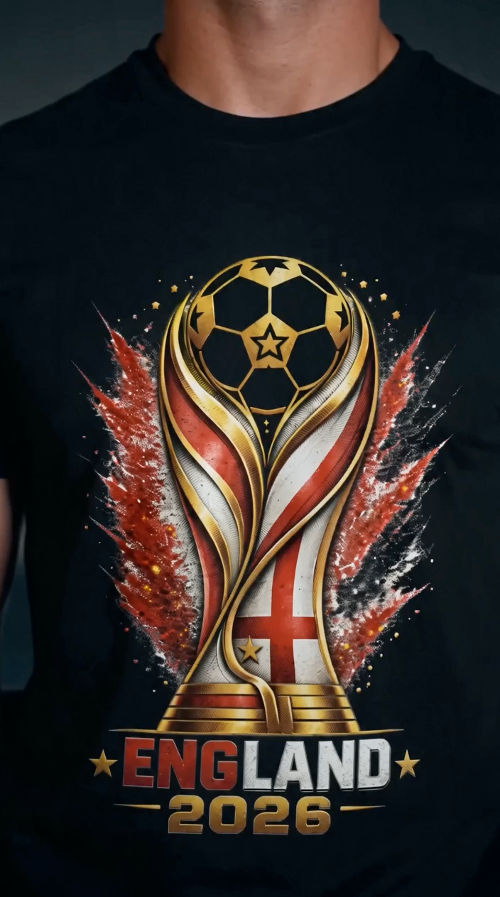 Man wearing black England 2026 soccer shirt with football-inspired trophy design