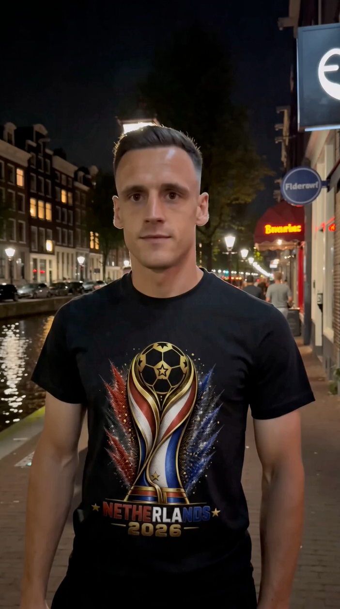 Man wearing black Netherlands 2026 soccer shirt while standing beside Amsterdam canal at night