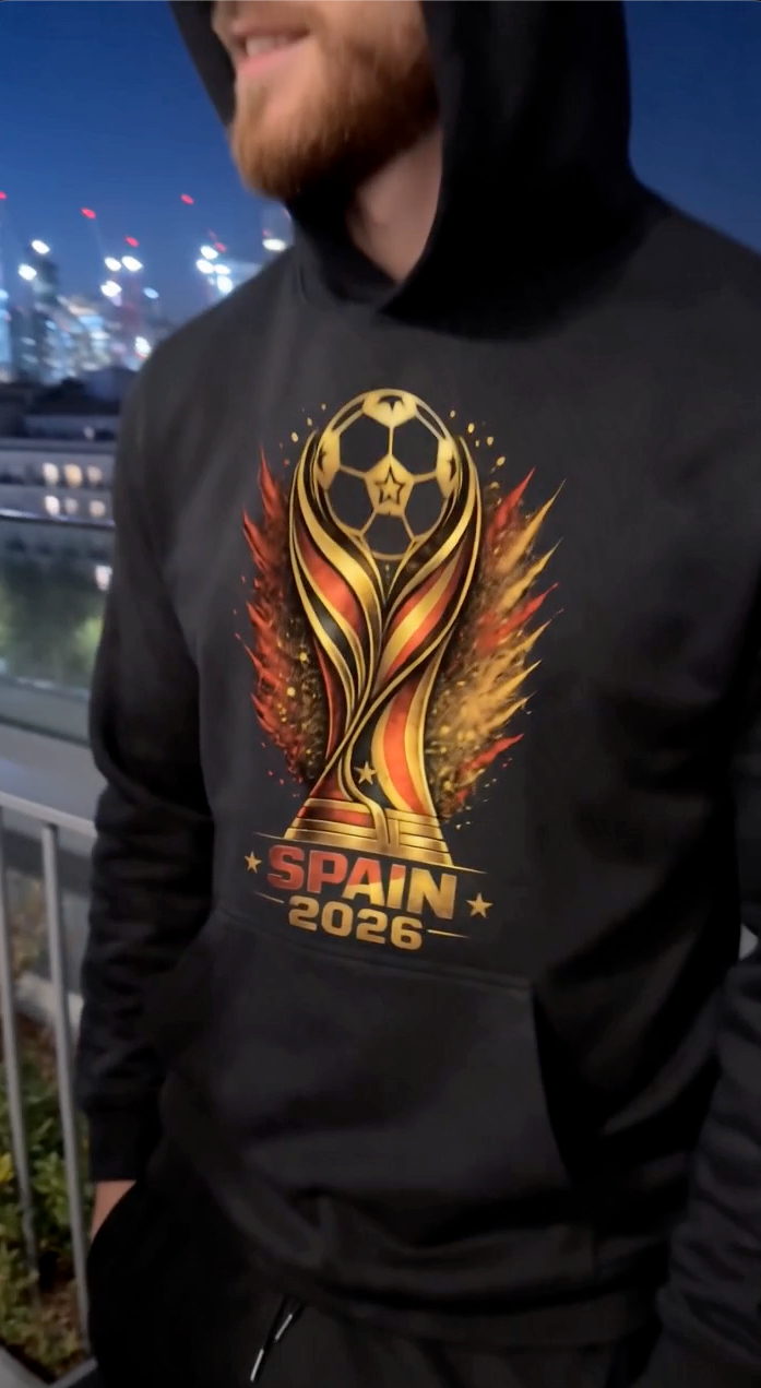 Man wearing black Spain 2026 soccer hoodie with red and gold football-inspired graphic at night city overlook