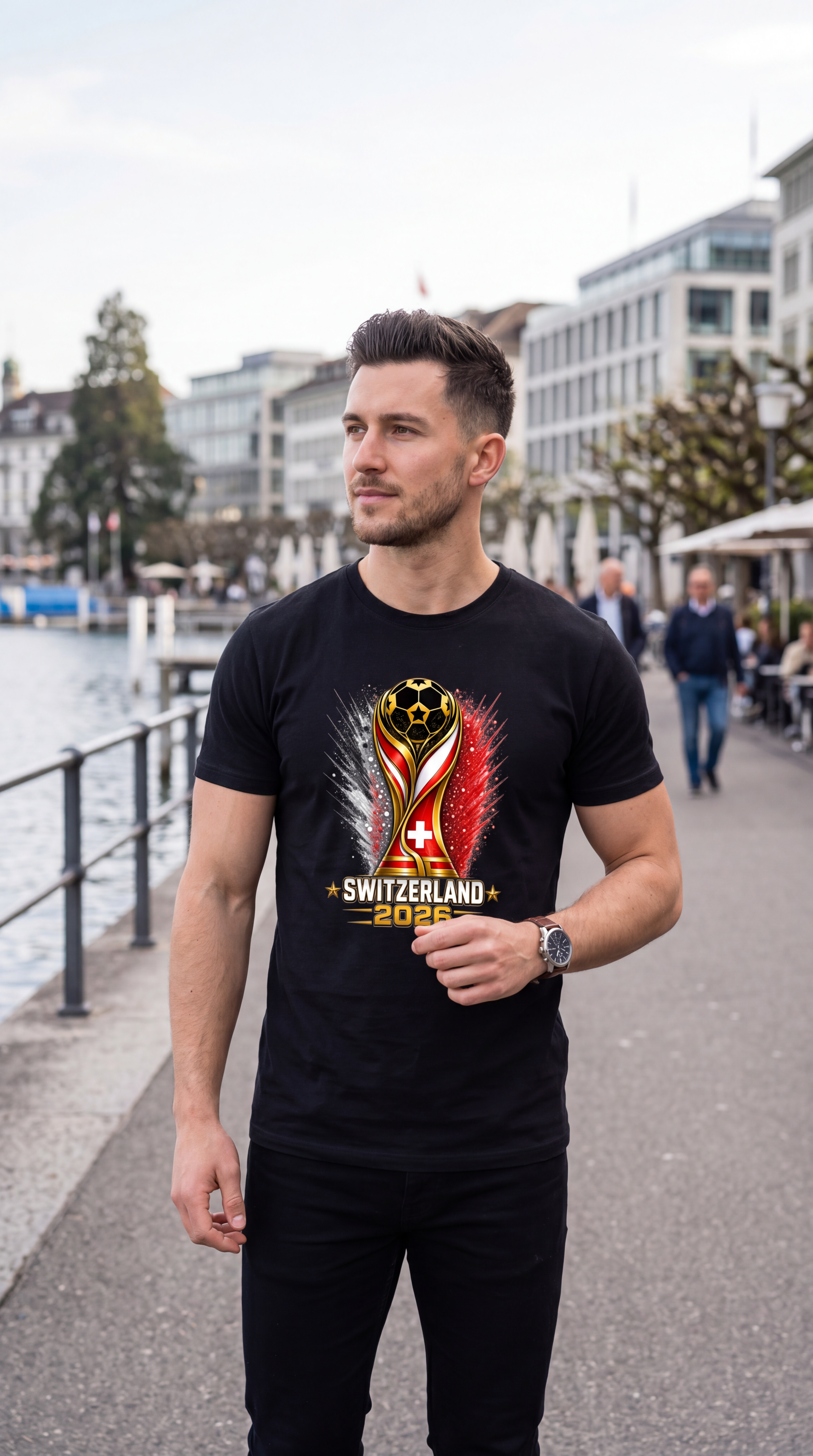 Man wearing a black hoodie with Egypt 2026 design in front of a stadium.