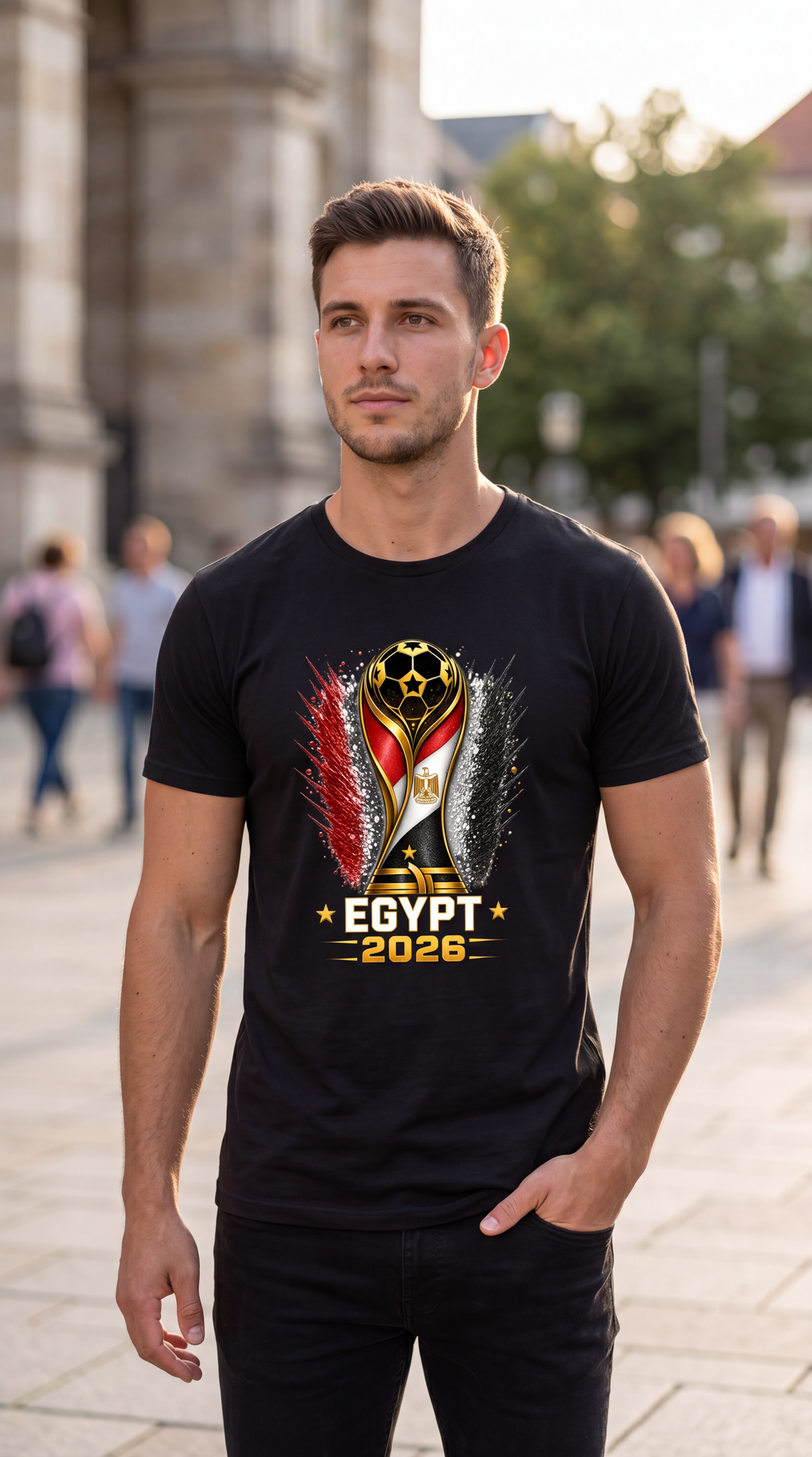 Man wearing a black t-shirt with a soccer design and 'Egypt 2026' text, standing on a street.
