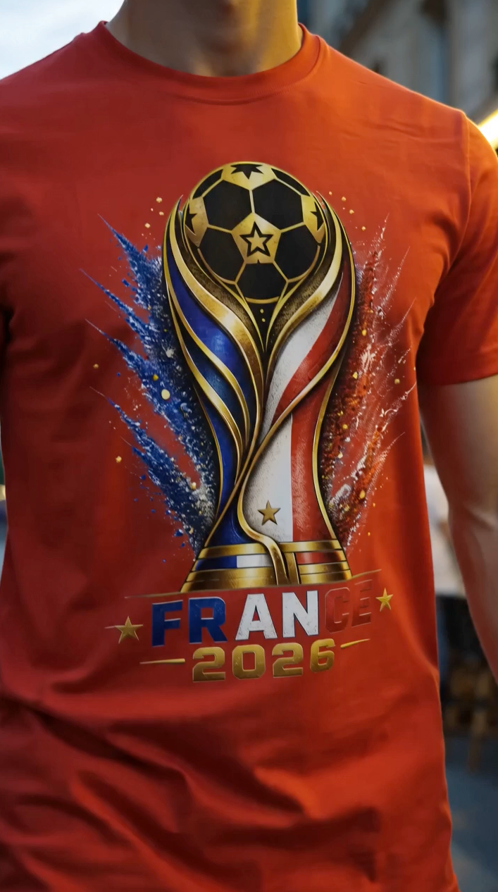 Man wearing red France 2026 soccer supporter shirt during evening street celebration