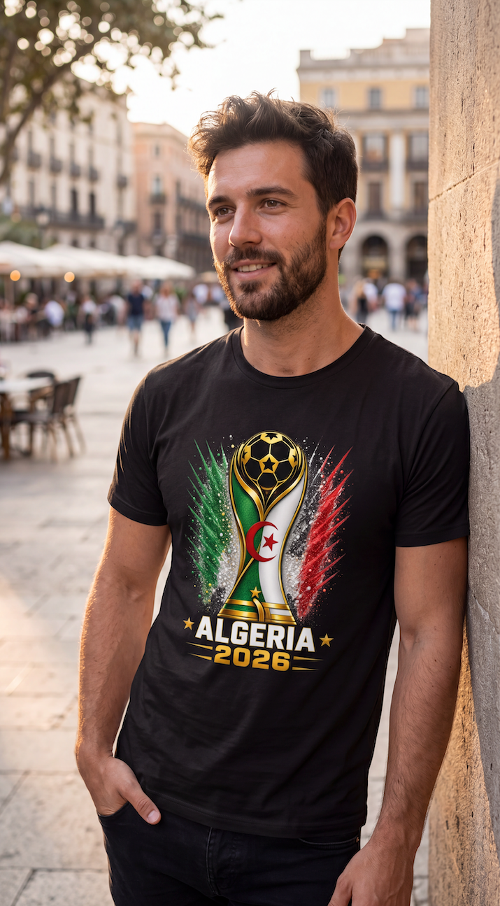 Man wearing a black t-shirt with Algeria 2026 design in an outdoor setting